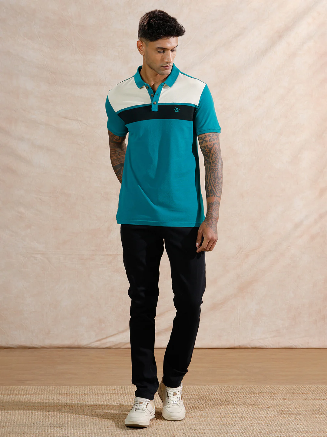Colour Blocked Polo T-Shirt | Teal - Image 2