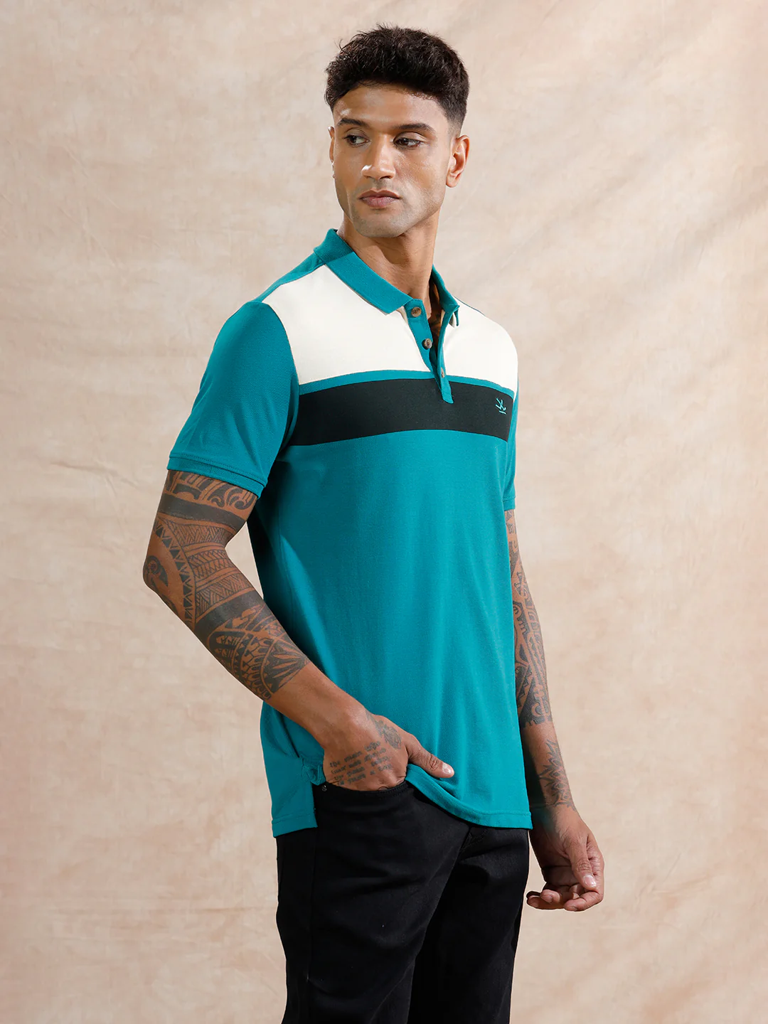 Colour Blocked Polo T-Shirt | Teal - Image 4