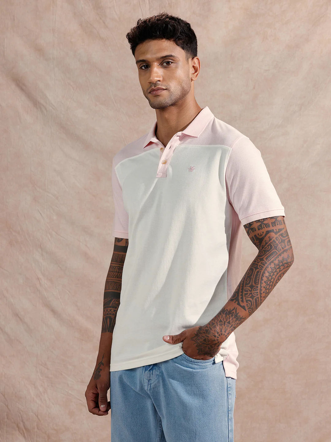Colour Blocked Polo T-Shirt | White & Pink - Image 4