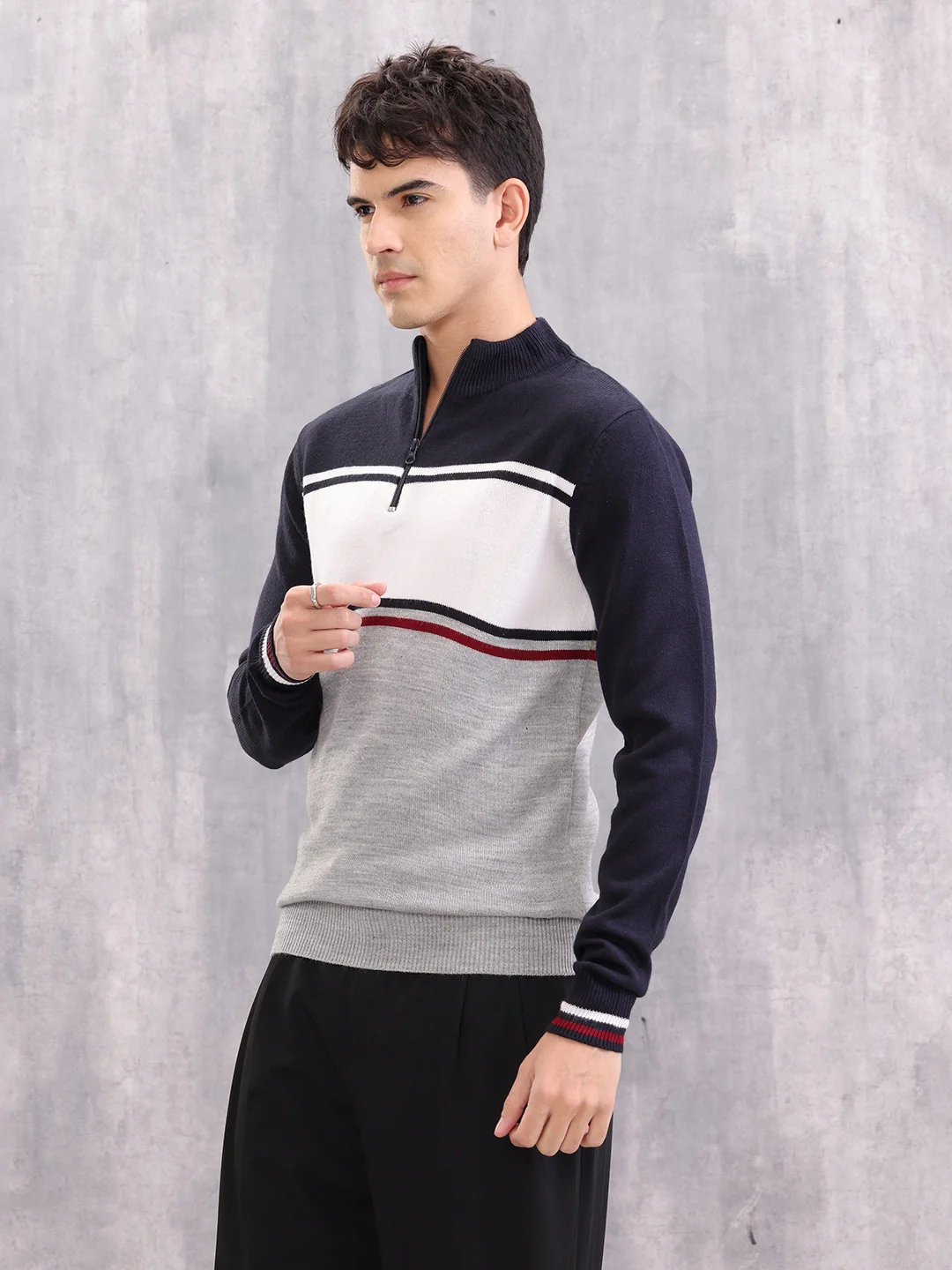 Colourblock Half Zipper Pullover Sweater | Navy Blue - Image 4