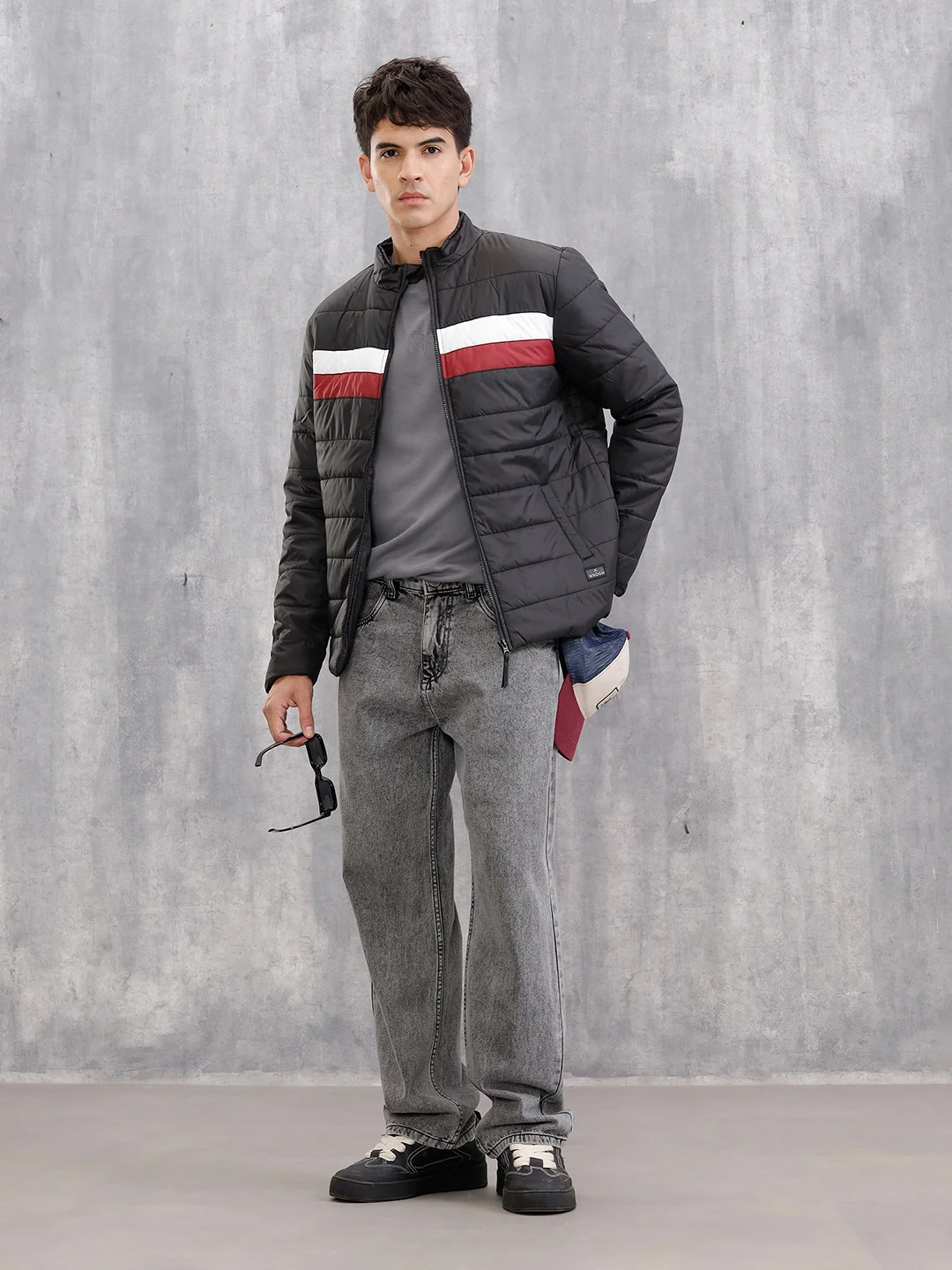 Colourblock Regular Fit Puffered Bomber Jacket  |  Black - Image 2