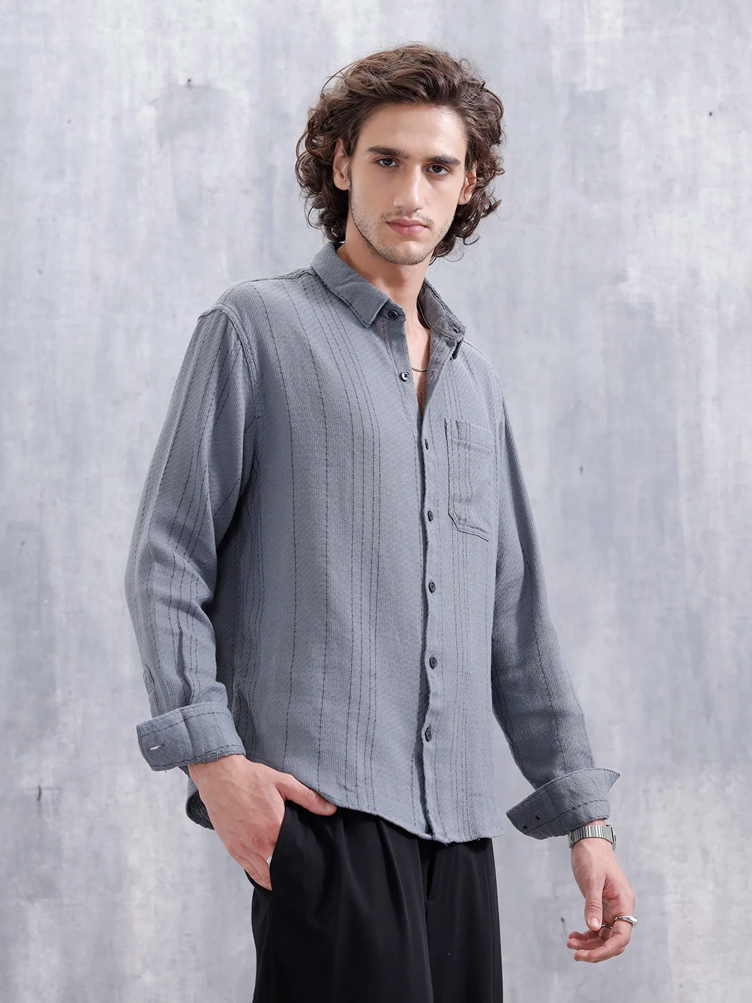 Comfort Fit Casual Shirt Featuring Striped Thread Detail | Blue - Image 4
