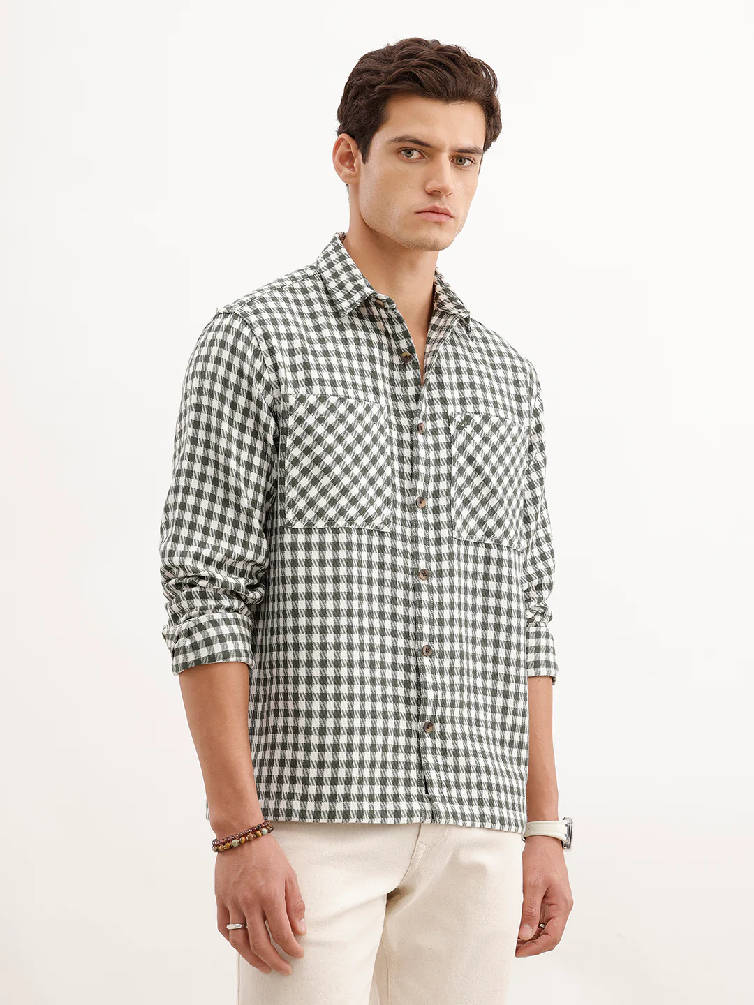 Comfort Fit Checkered Double Pocket Shirt  | Olive - Image 4