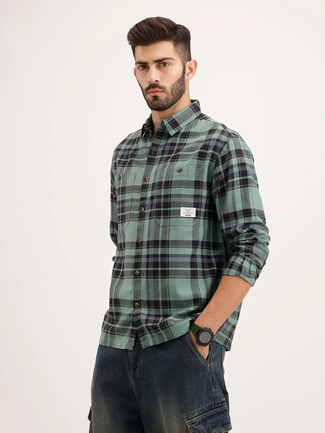 Comfort Fit Double Pocket Checkered Shirt | Green - Image 4