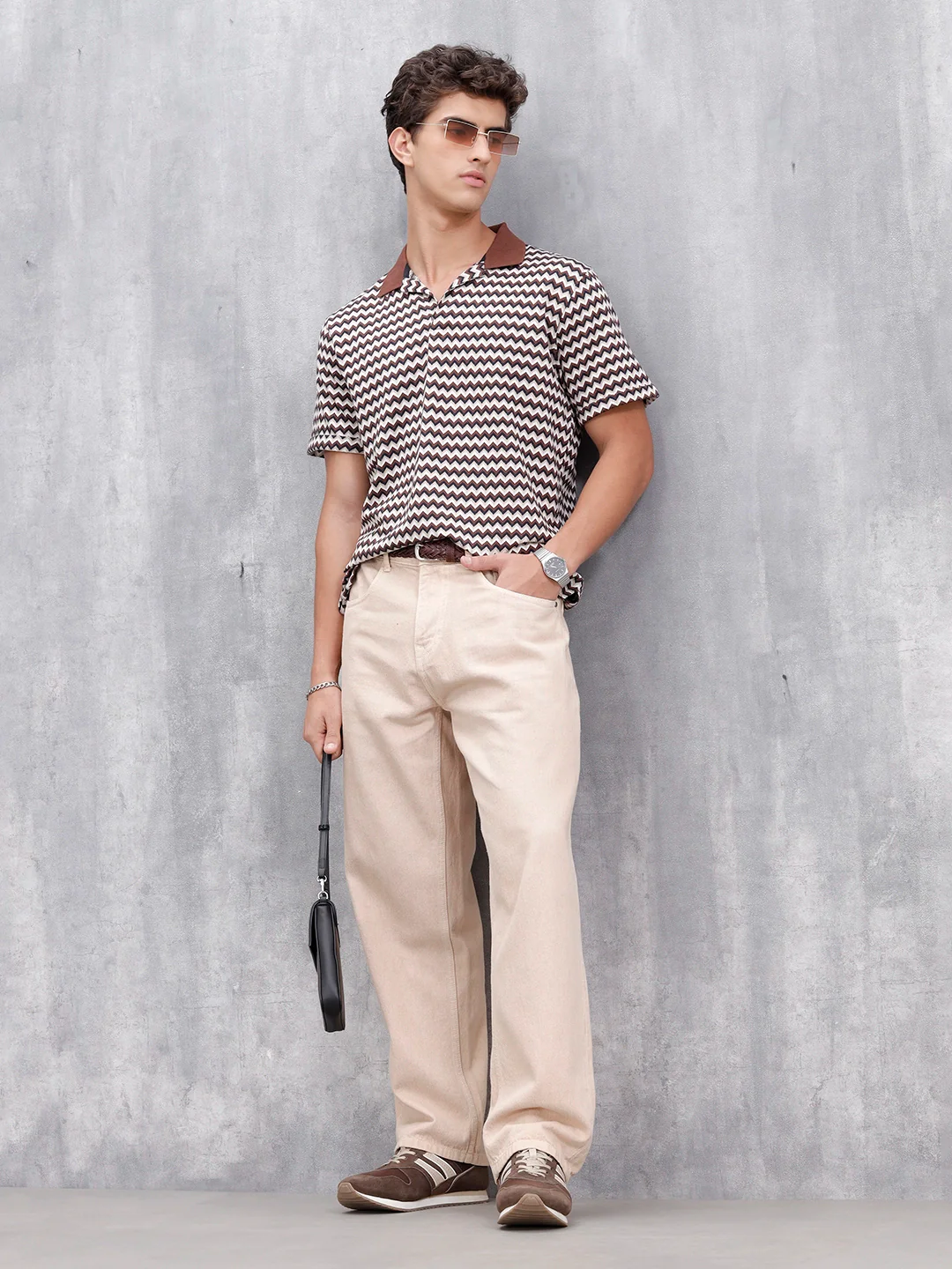 Comfort Fit Geometric Jacquard Polo | Brown - Image 2