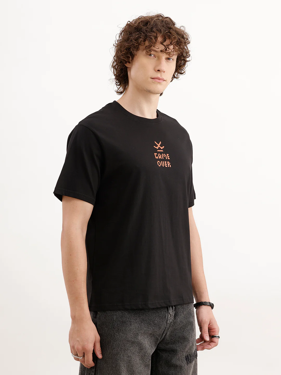 Comfort Fit Placement Printed T-Shirt  | Black - Image 4