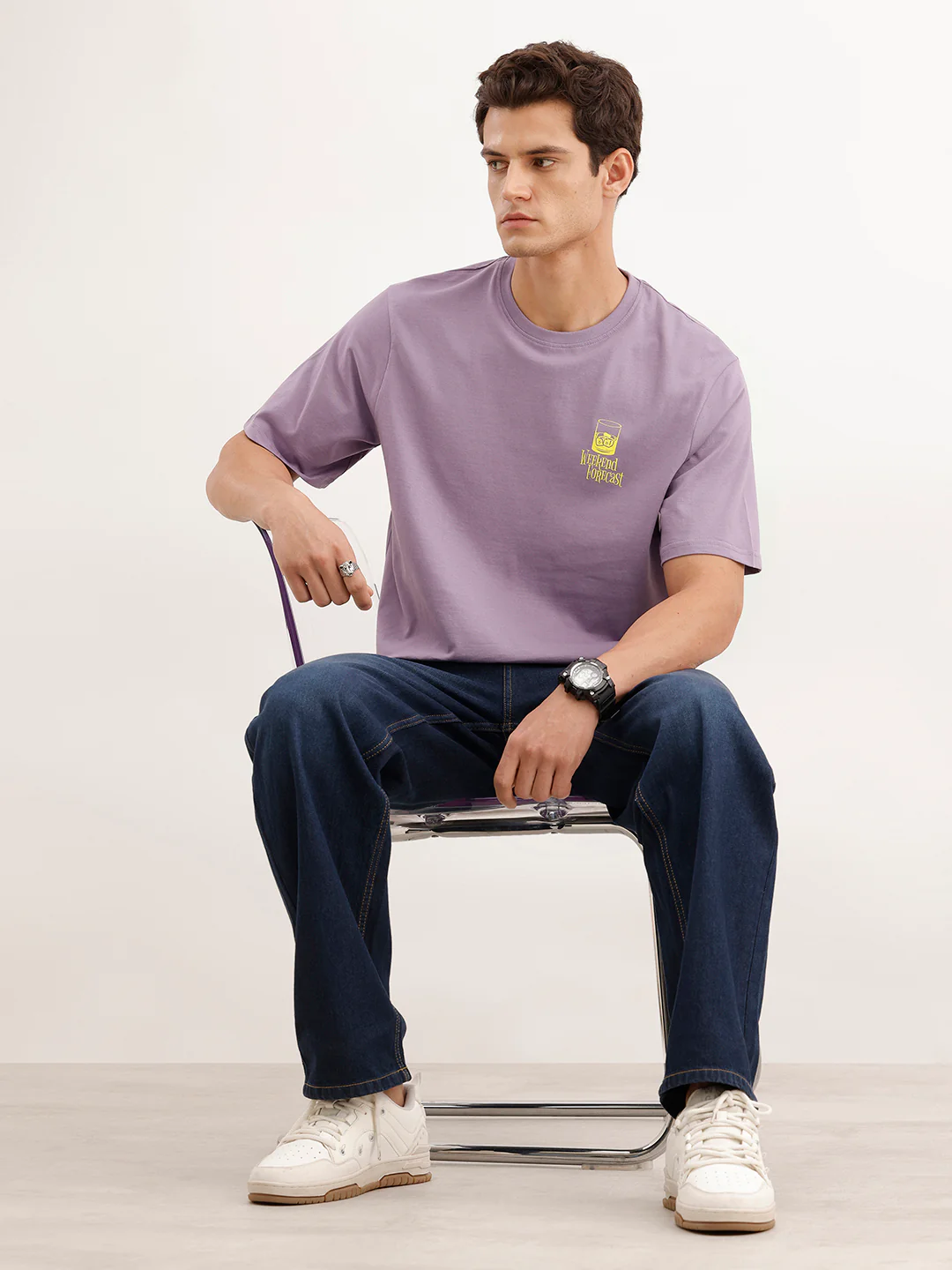 Comfort Fit Placement Printed T-Shirt  | Purple - Image 2