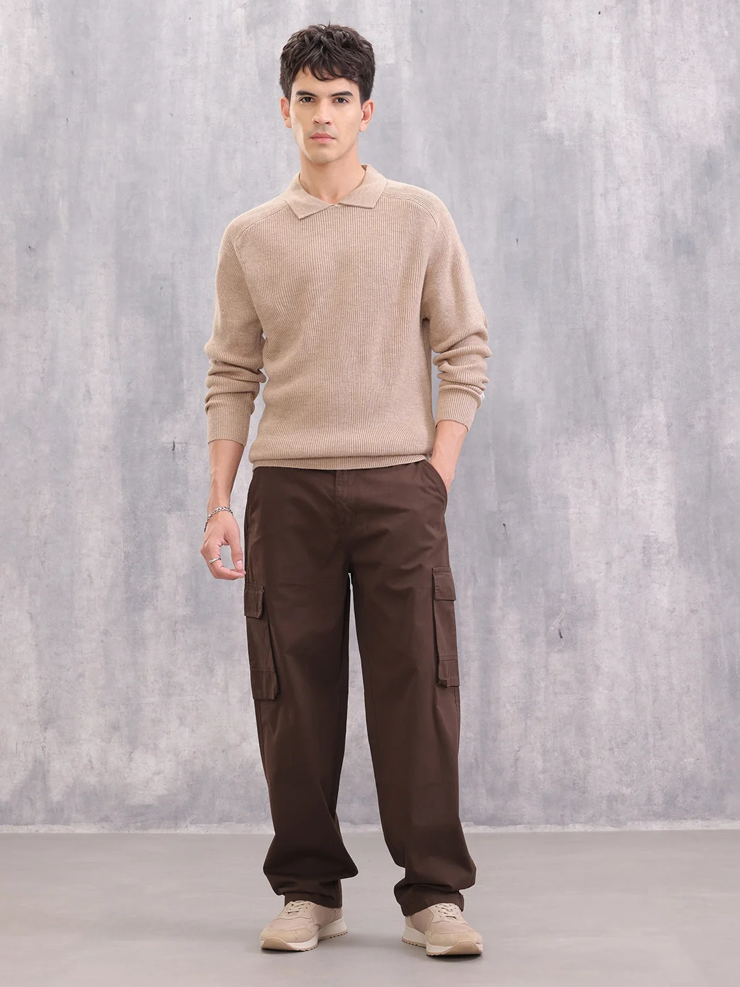 Comfort Fit Rib Sweater With Collar I Beige - Image 2