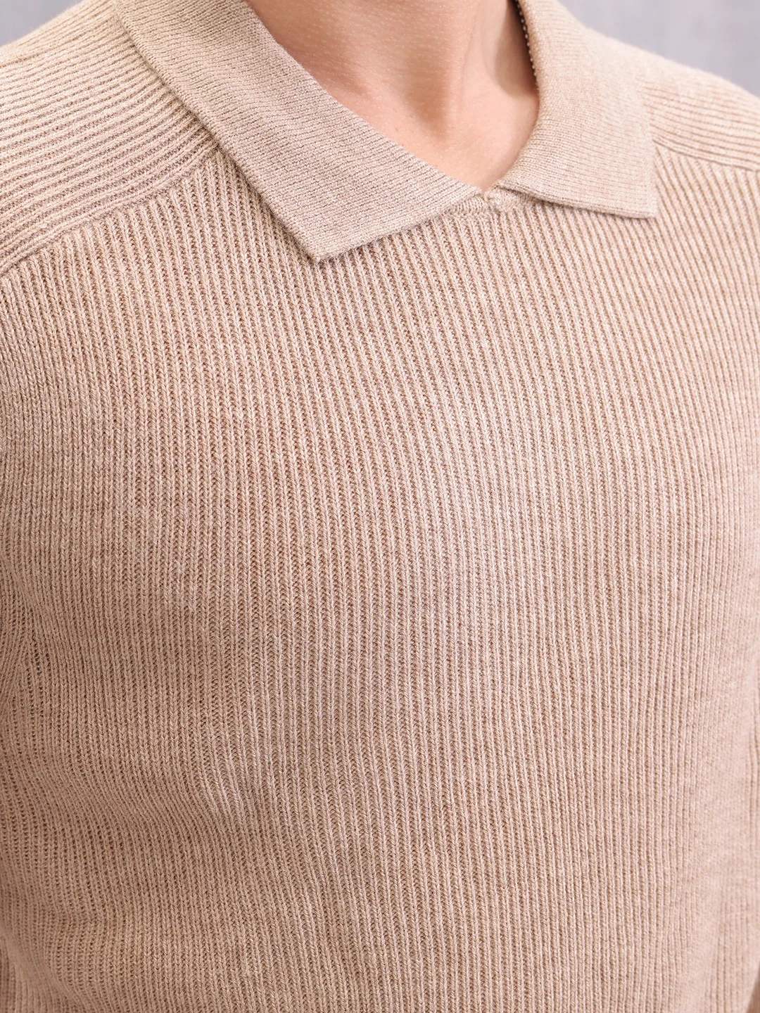 Comfort Fit Rib Sweater With Collar I Beige - Image 5
