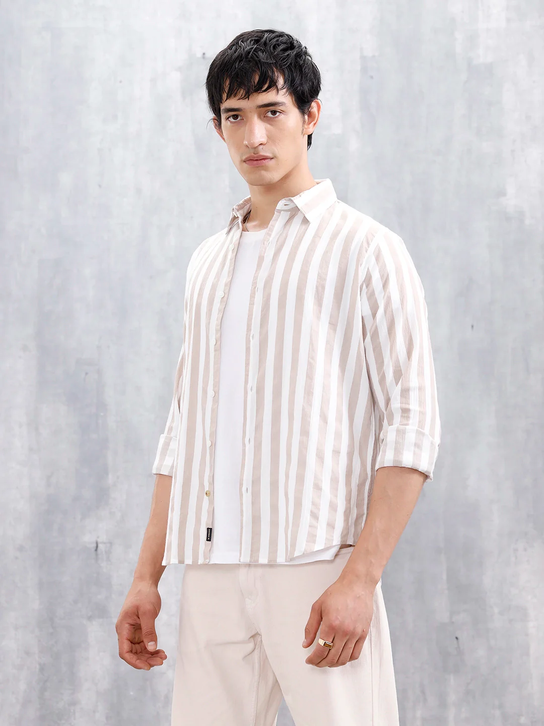 Comfort Fit Striped Casual Shirt For Men | Beige - Image 4