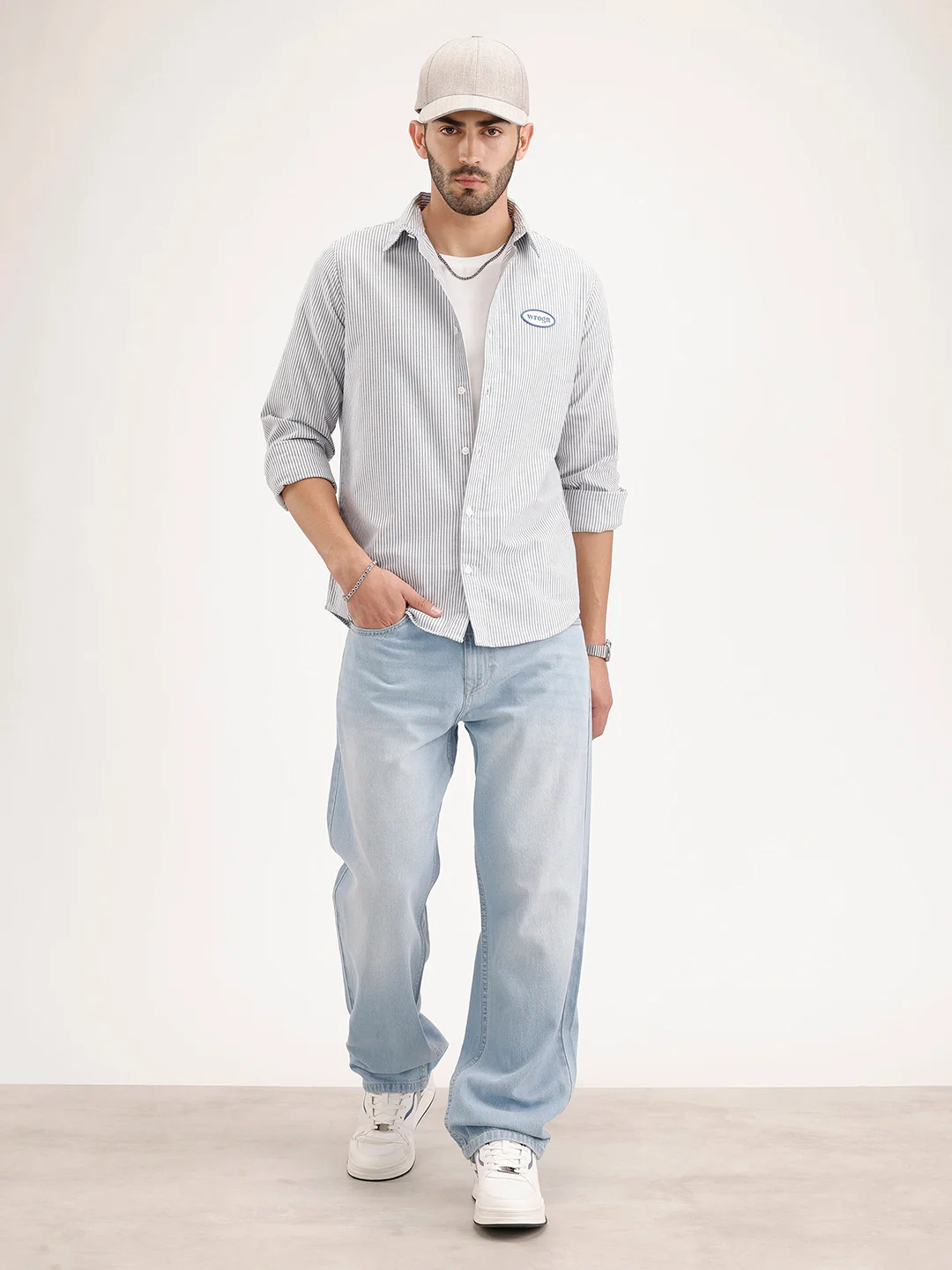 Comfort Fit Striped Patch Detailed Shirt | Grey - Image 2
