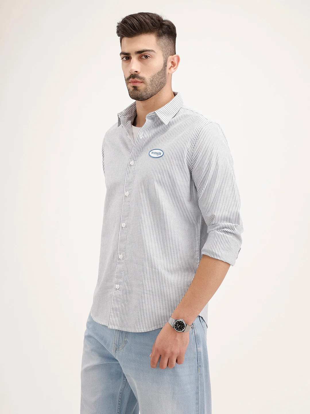 Comfort Fit Striped Patch Detailed Shirt | Grey - Image 4