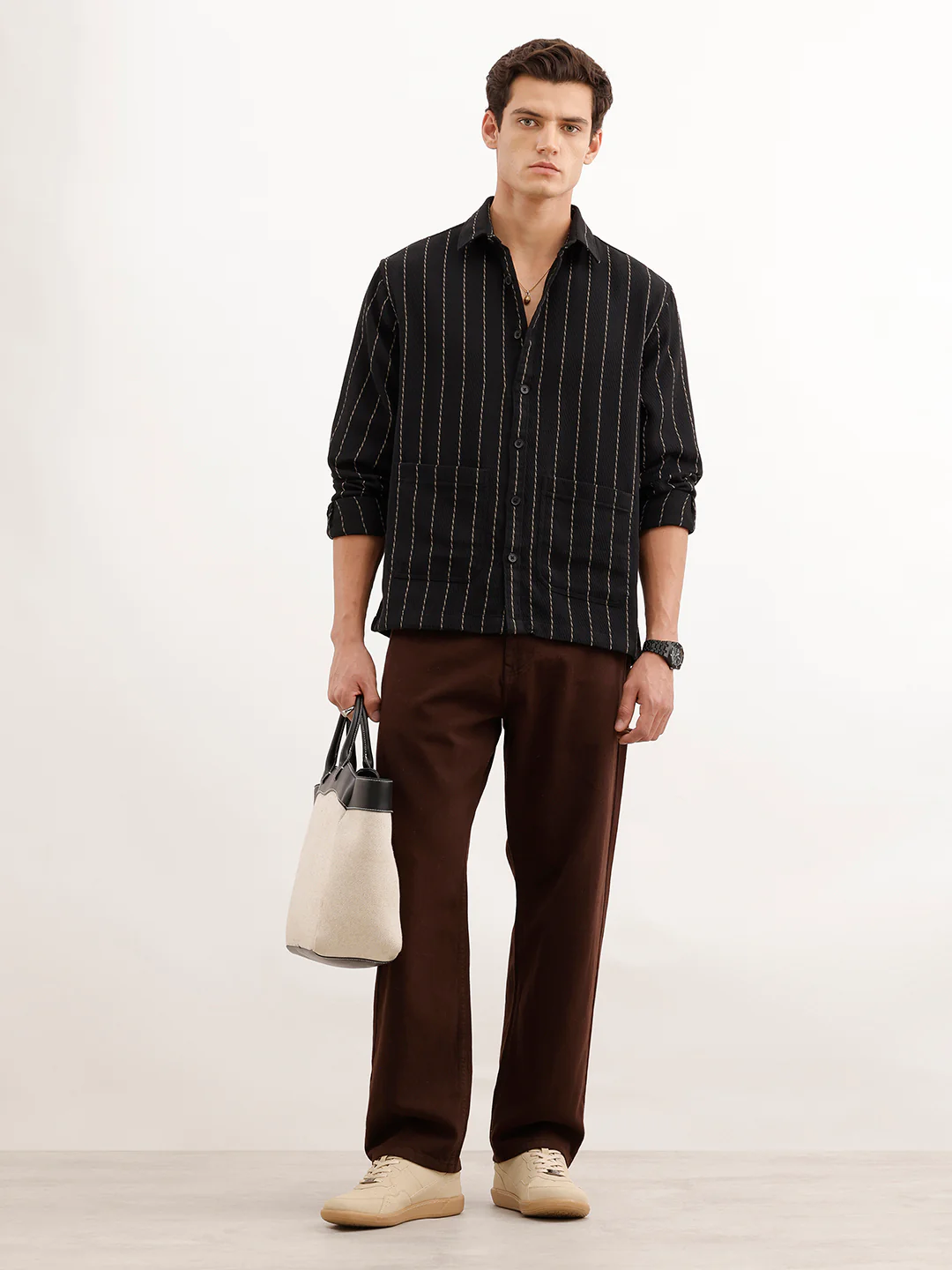 Comfort Fit Striped Textured Shirt  | Black - Image 2