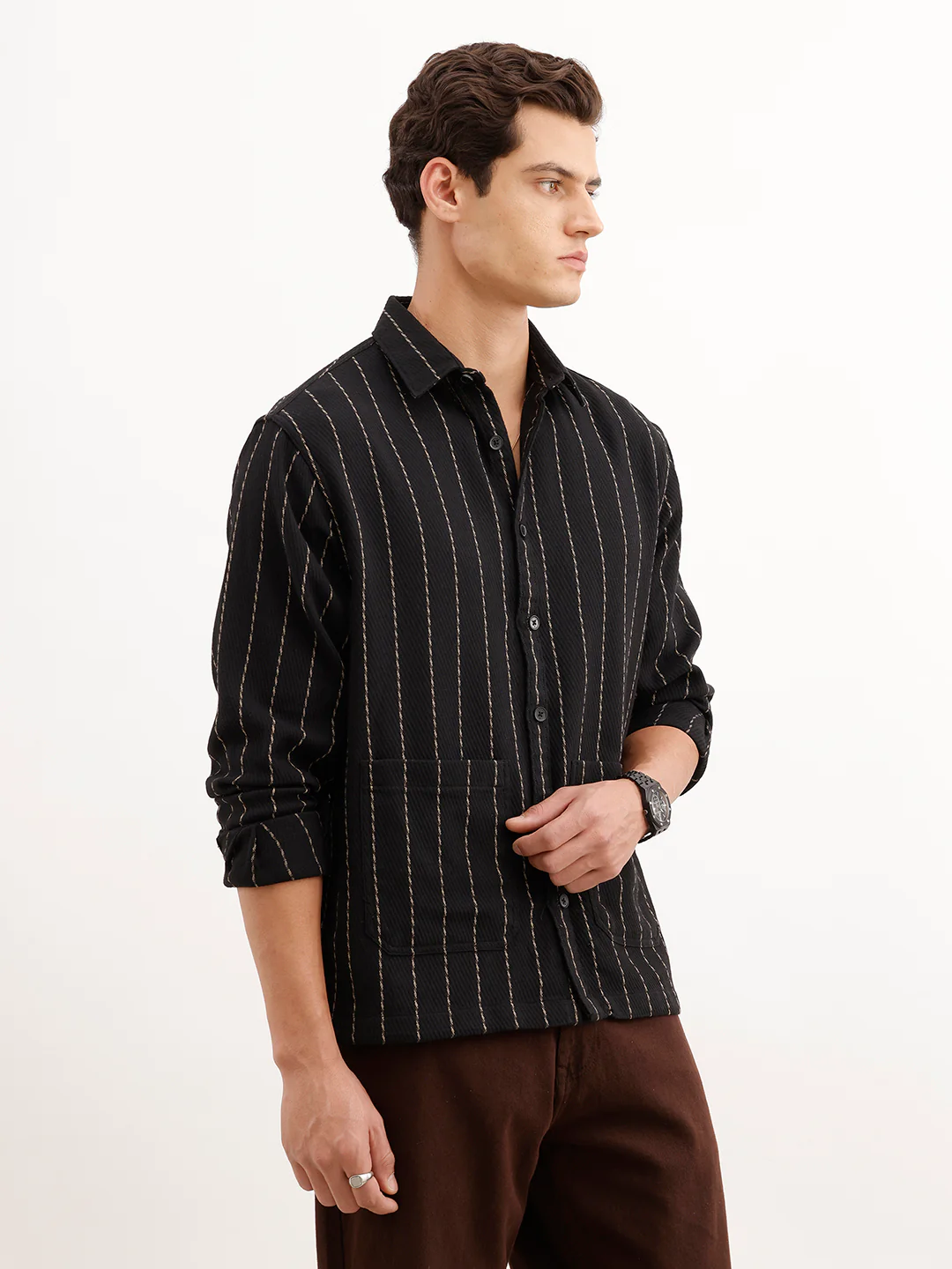 Comfort Fit Striped Textured Shirt  | Black - Image 4