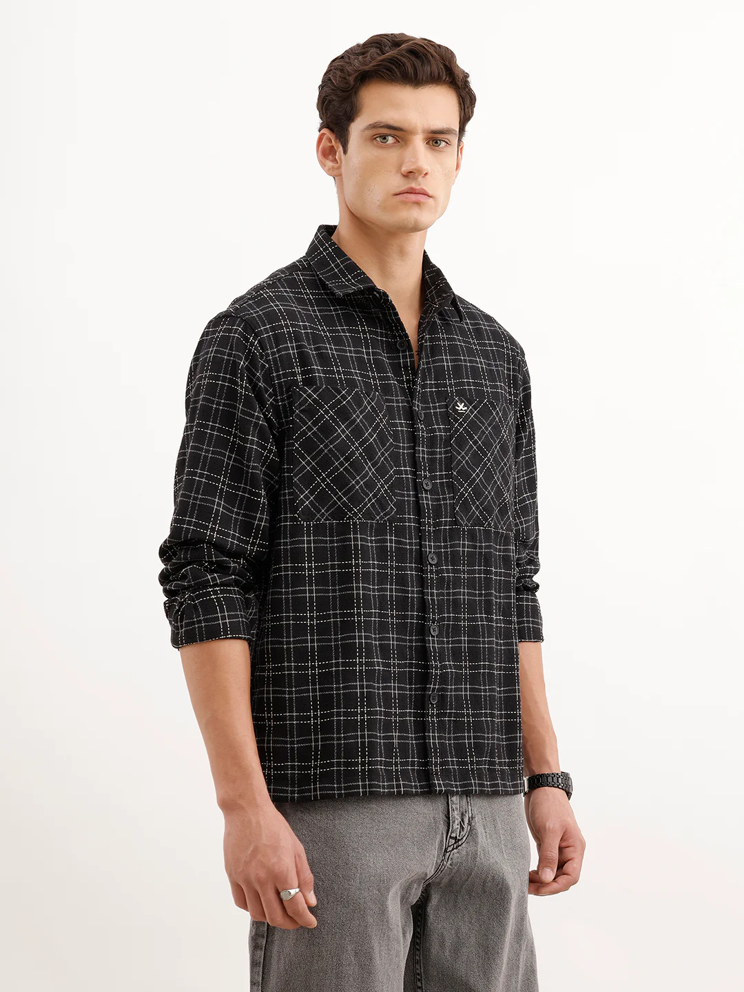 Comfort Fit Textured Double Pocket Shirt  | Black - Image 4