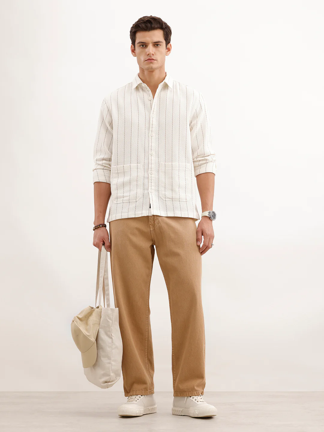 Comfort Fit Textured Striped Shirt  | Off White - Image 2