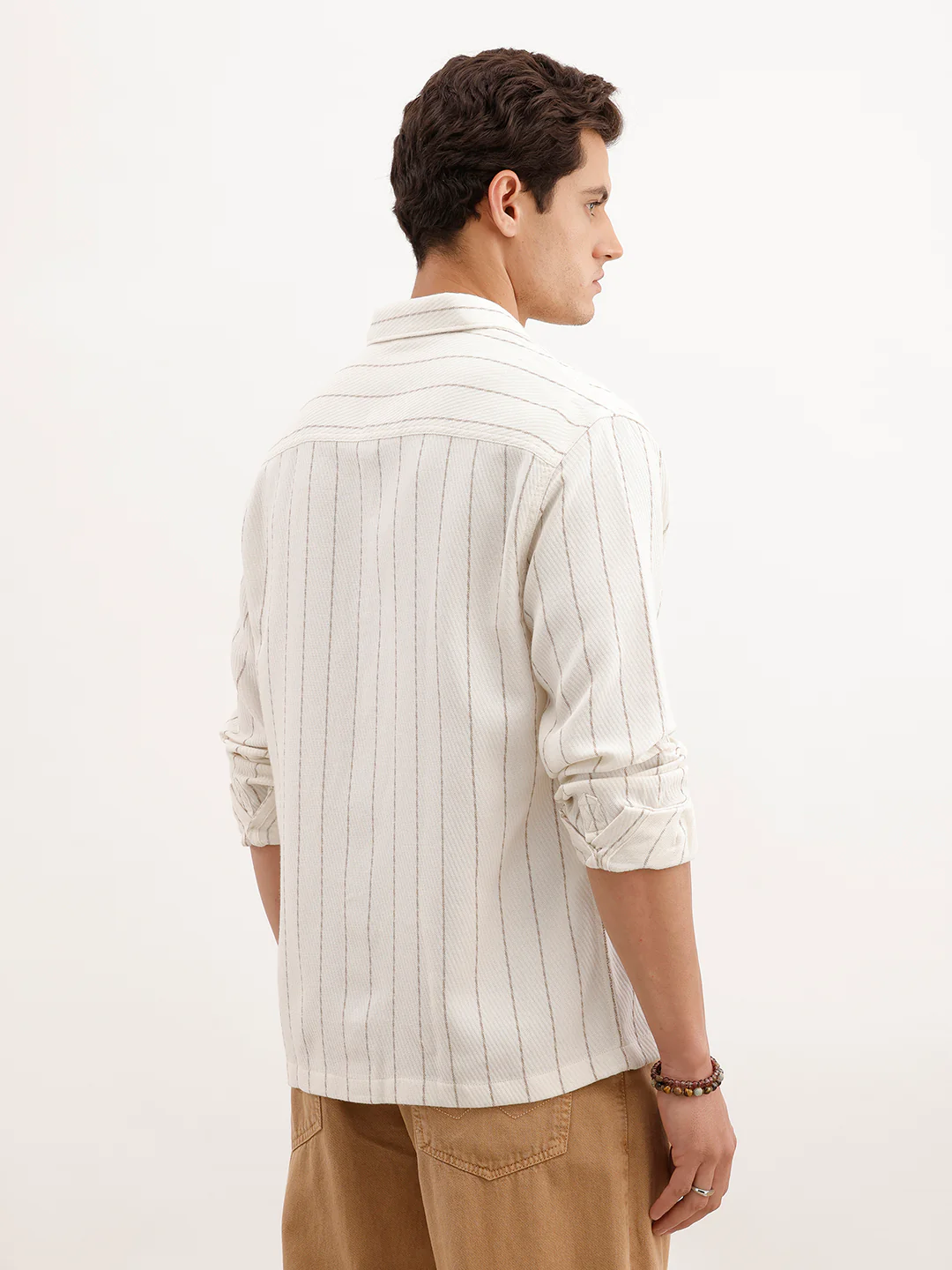 Comfort Fit Textured Striped Shirt  | Off White - Image 3