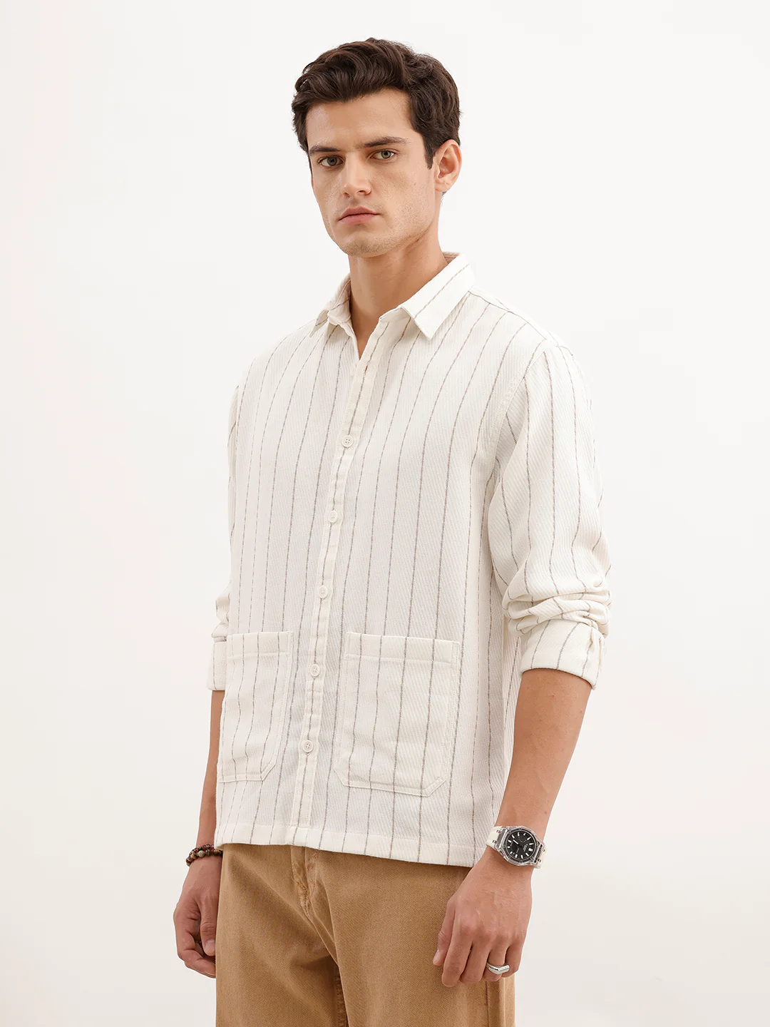 Comfort Fit Textured Striped Shirt  | Off White - Image 4