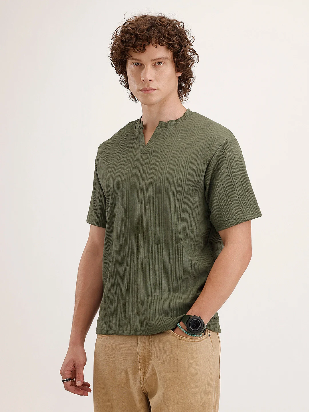 Comfort Fit Textured T-Shirt | Olive - Image 4
