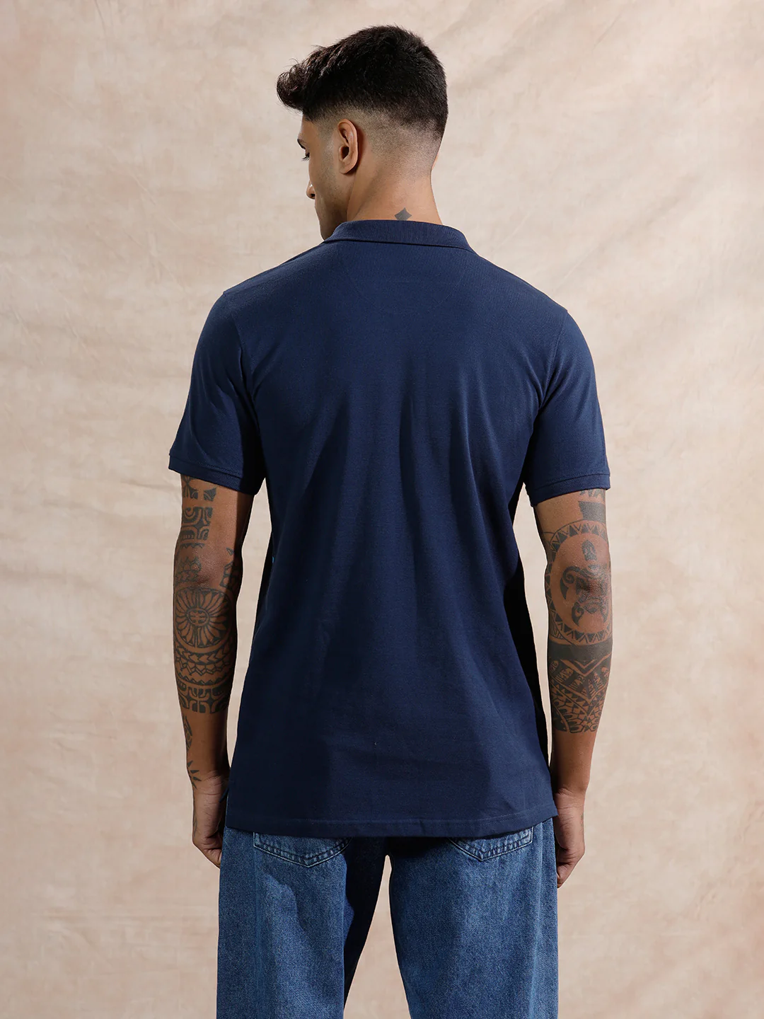 Contrast Abstract Lines Polo T-Shirt  | Navy Blue - Image 3