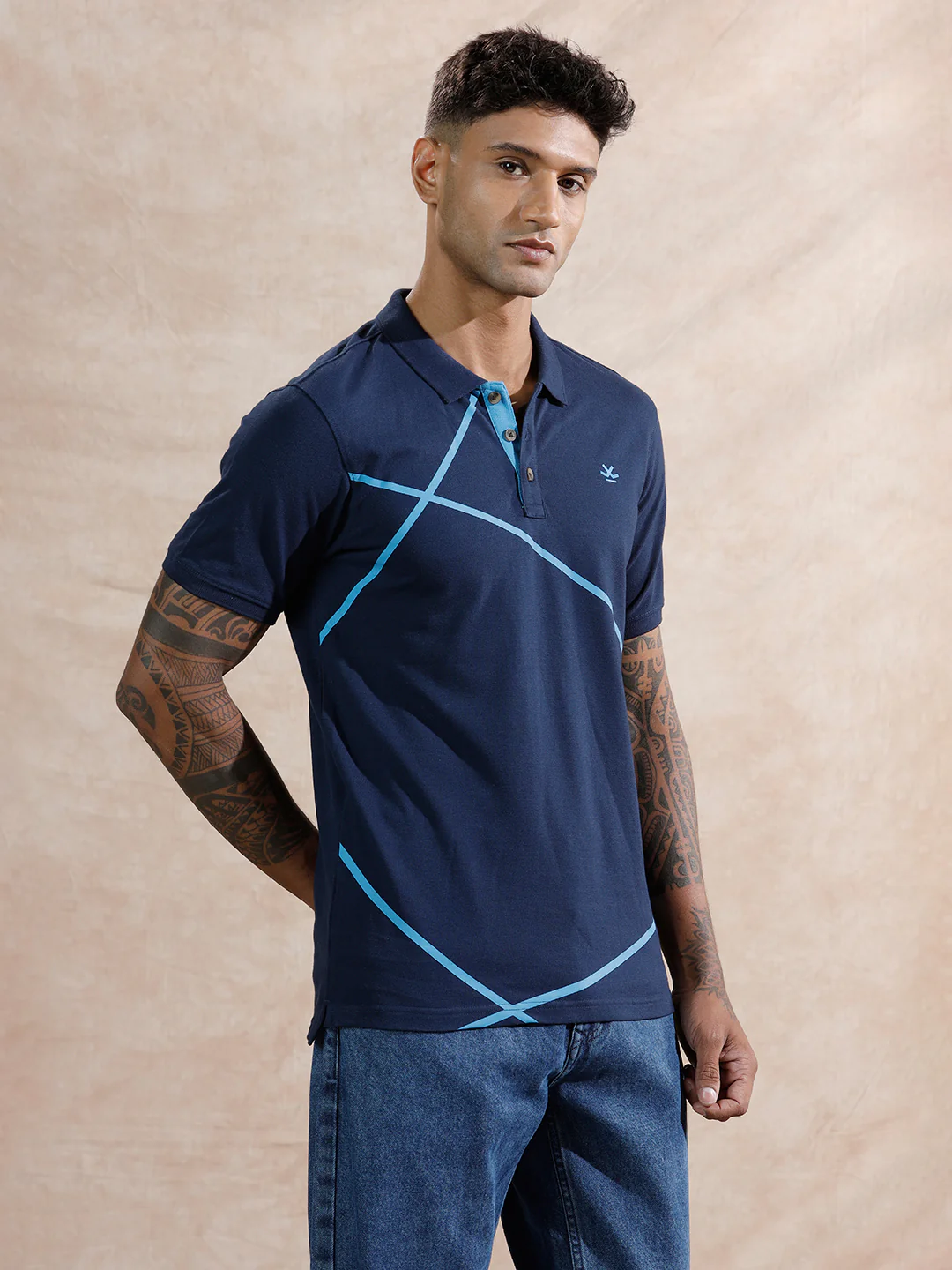 Contrast Abstract Lines Polo T-Shirt  | Navy Blue - Image 4