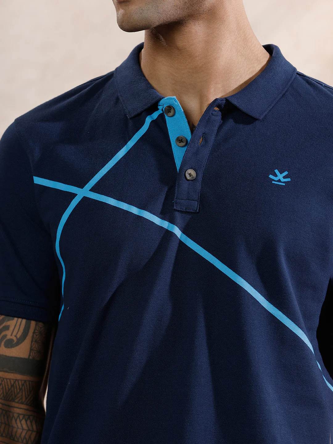 Contrast Abstract Lines Polo T-Shirt  | Navy Blue - Image 5