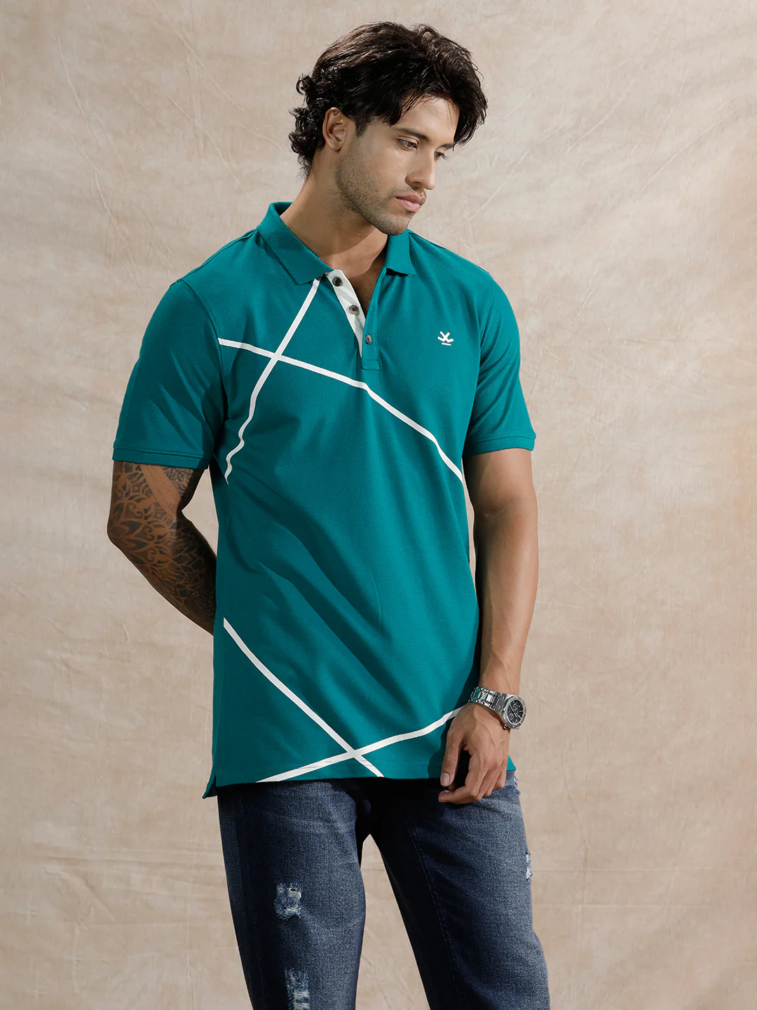 Contrast Abstract Lines Polo T-Shirt | Teal - Image 4