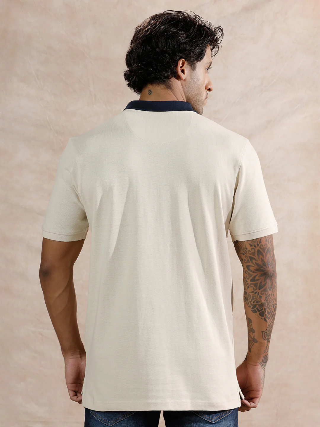 Contrast Collar Slim Fit Polo T-Shirt | Beige - Image 3