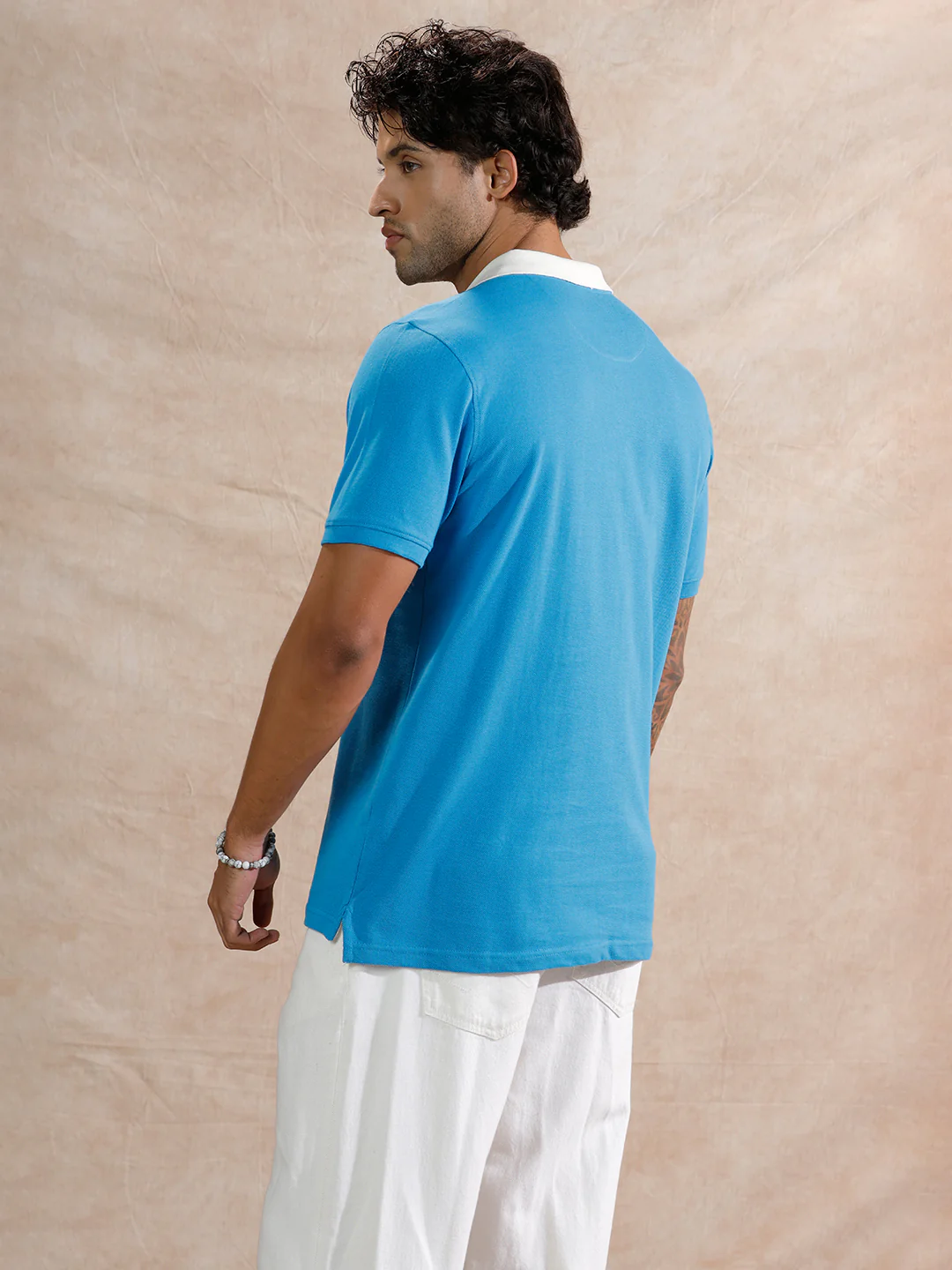 Contrast Collar Slim Fit Polo T-Shirt | Blue - Image 3
