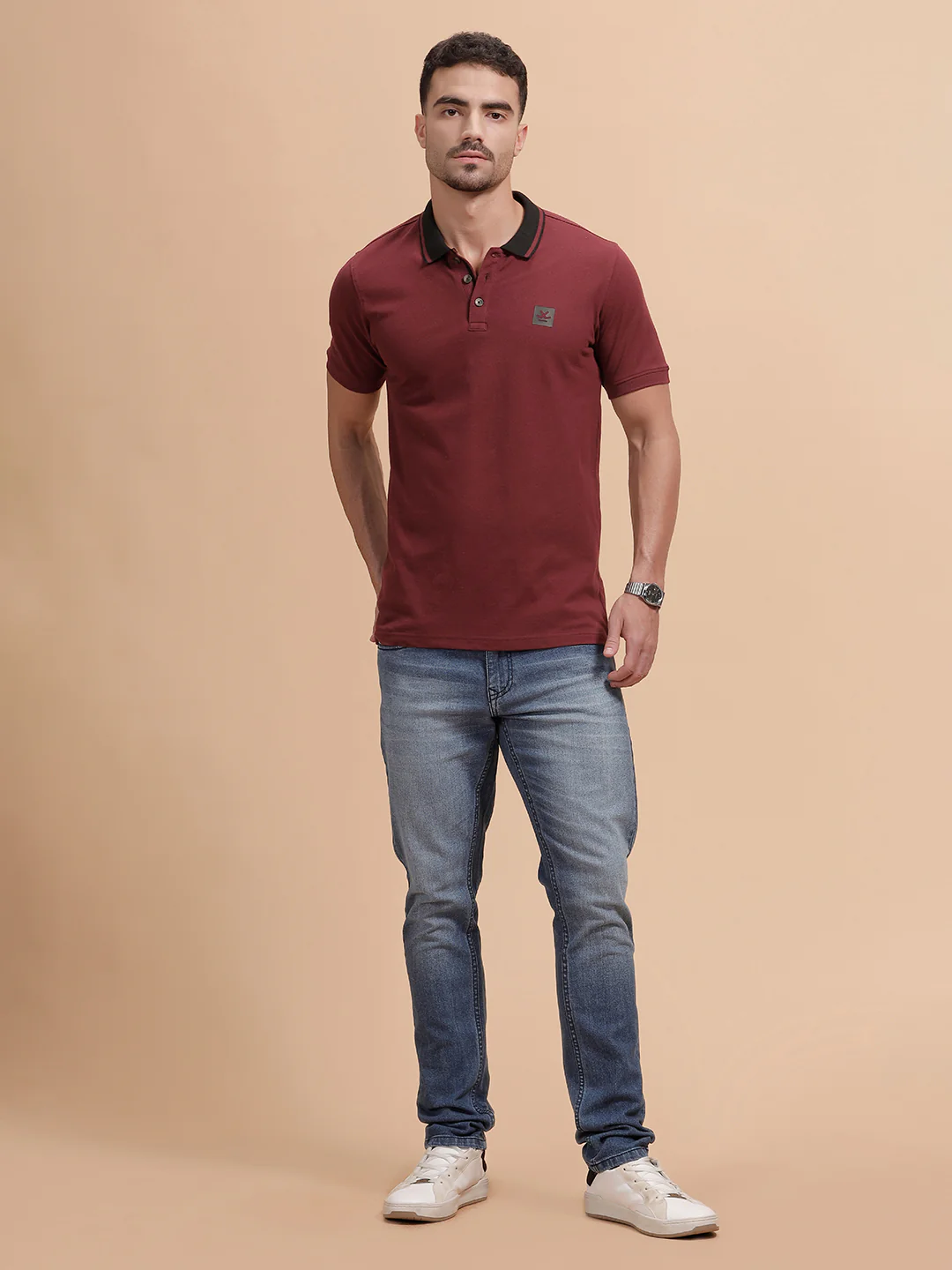 Contrast Collar Slim Fit Polo T-Shirt | Maroon - Image 2