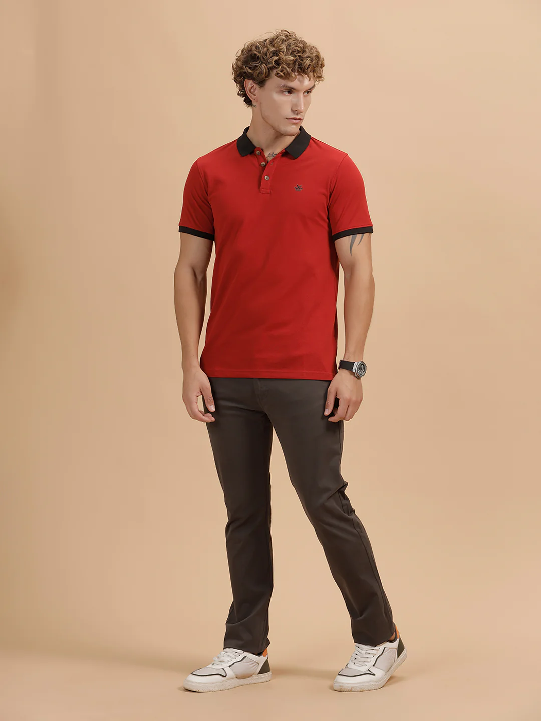Contrast Collar Slim Fit Polo T-Shirt | Red - Image 2