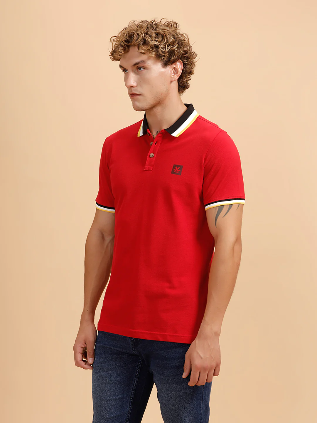 Contrast Collar Slim Fit Polo T-Shirt | Red - Image 4