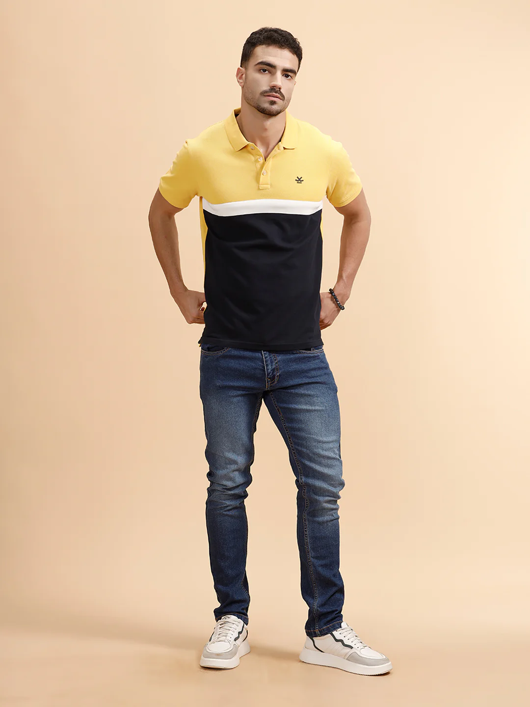 Contrast Cut & Sew Slim Fit Polo T-Shirt | Yellow & Navy - Image 2