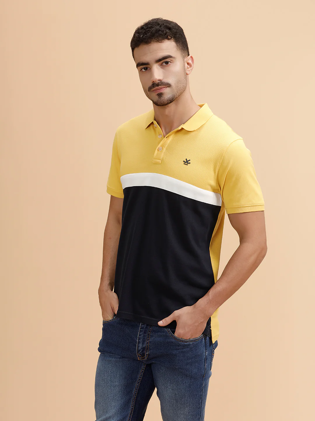 Contrast Cut & Sew Slim Fit Polo T-Shirt | Yellow & Navy - Image 4
