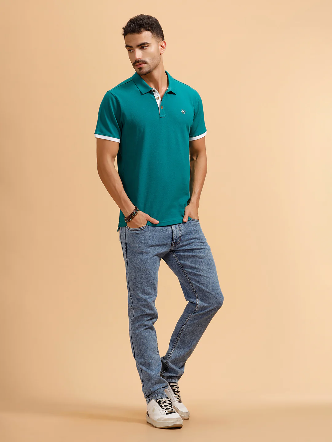 Contrast Detail Slim Fit Polo T-Shirt | Teal - Image 2
