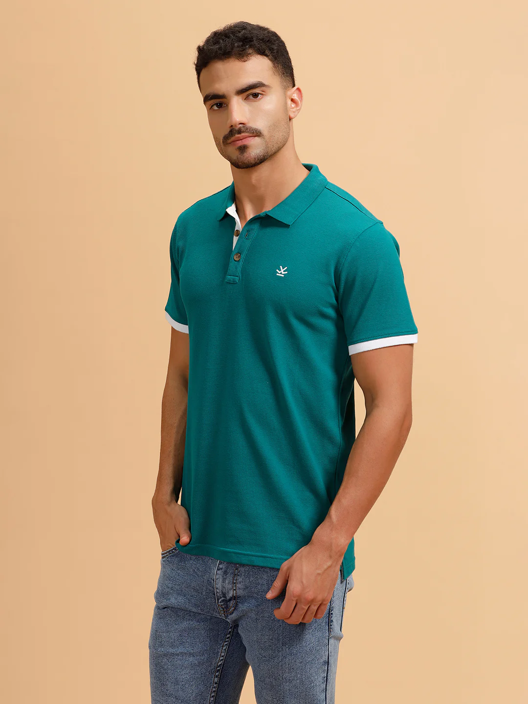 Contrast Detail Slim Fit Polo T-Shirt | Teal - Image 4