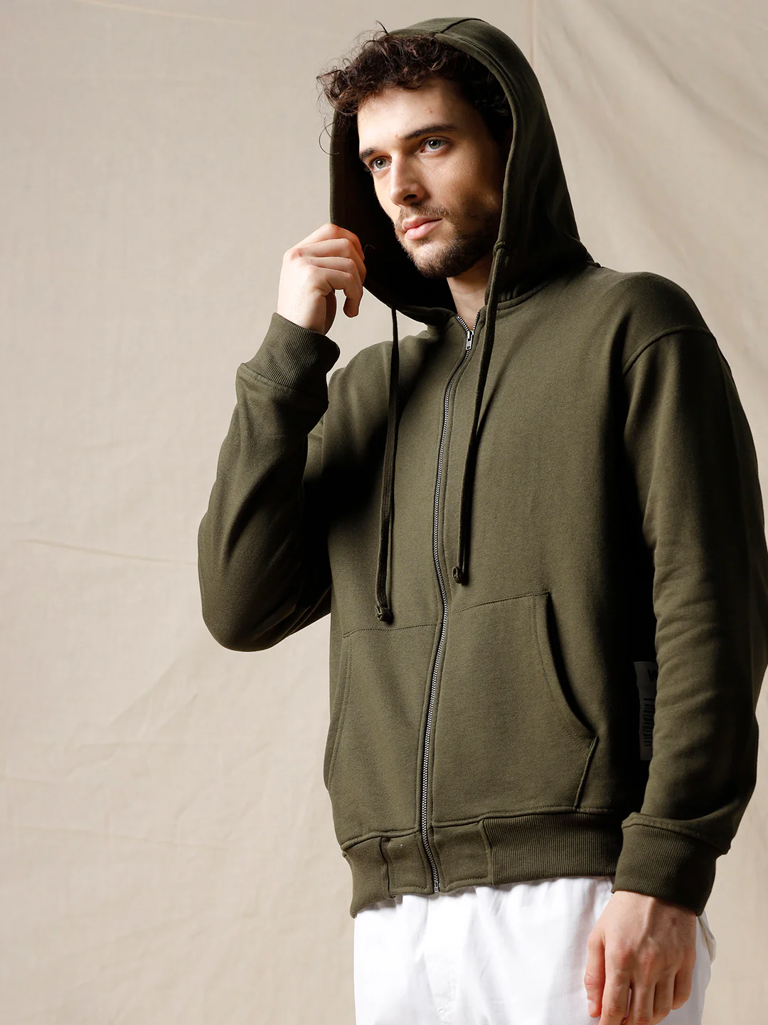 Contrast Full Zip Olive Hoodie - Image 2