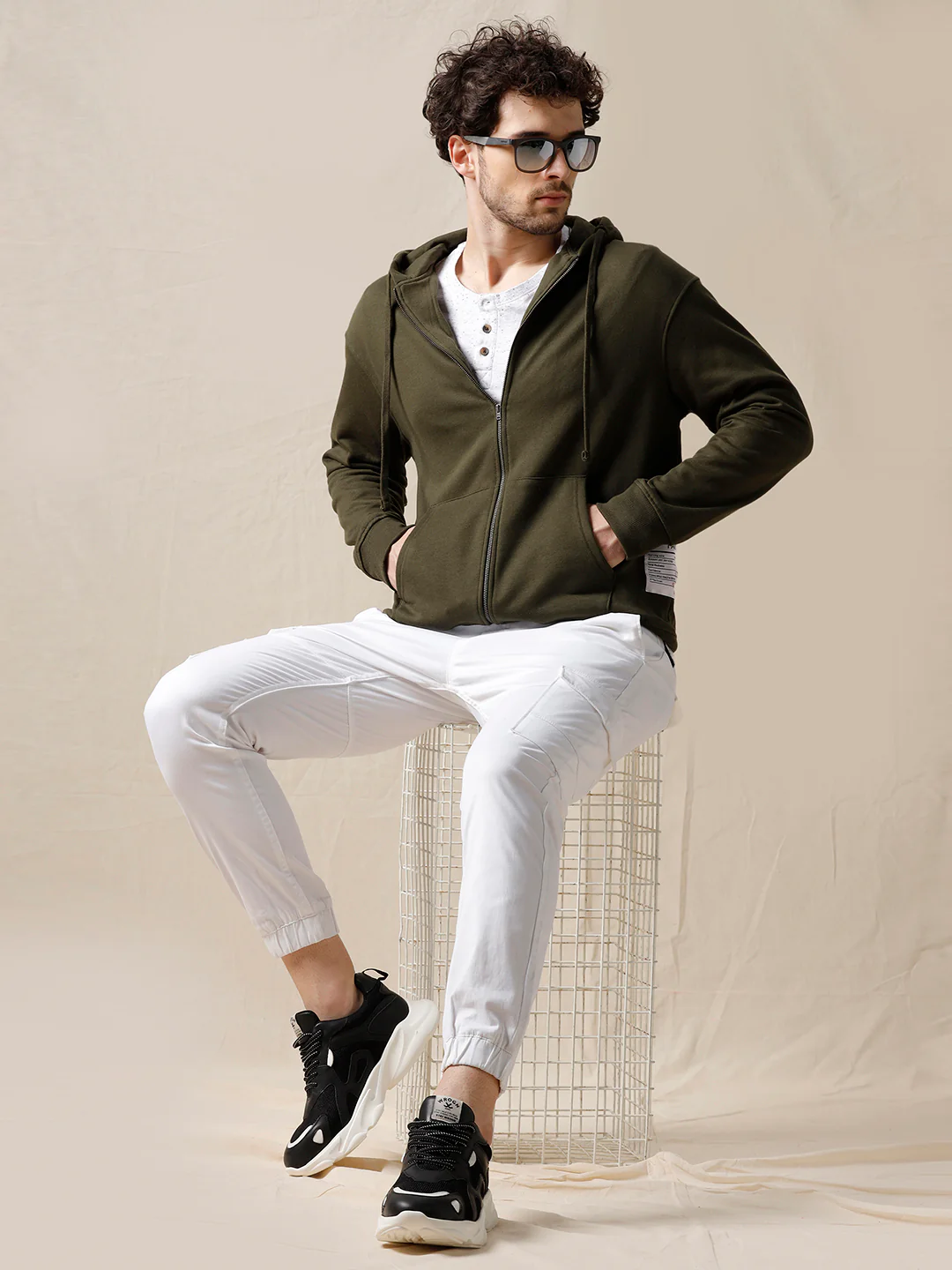 Contrast Full Zip Olive Hoodie - Image 3
