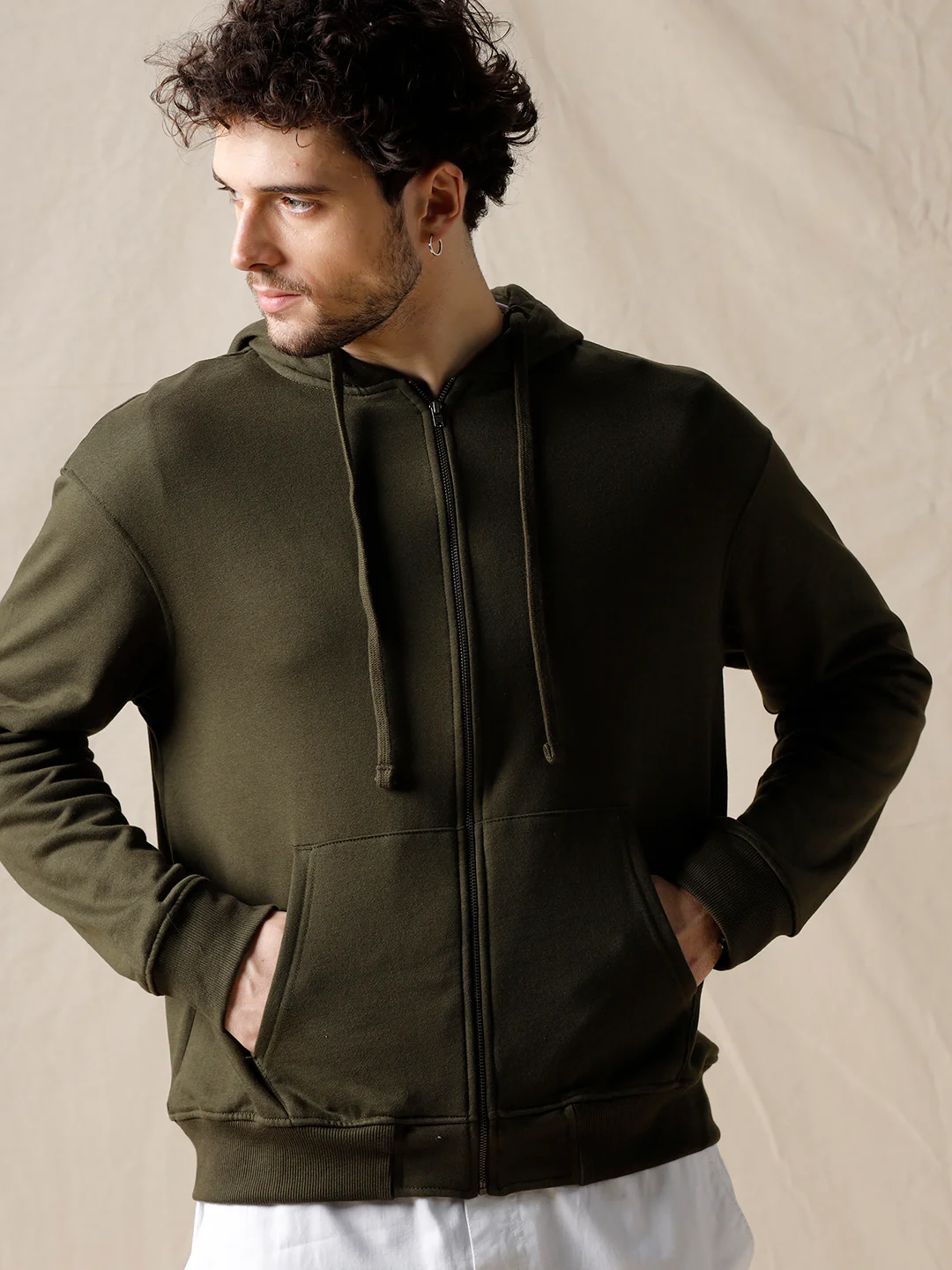 Contrast Full Zip Olive Hoodie - Image 5