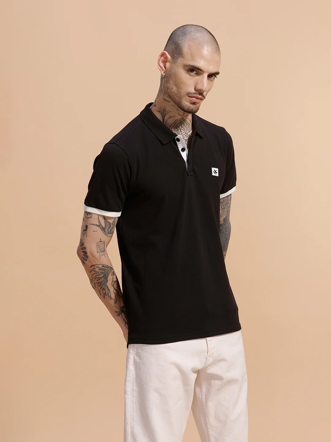 Contrast Rib Pique Polo T-Shirt | Black - Image 4