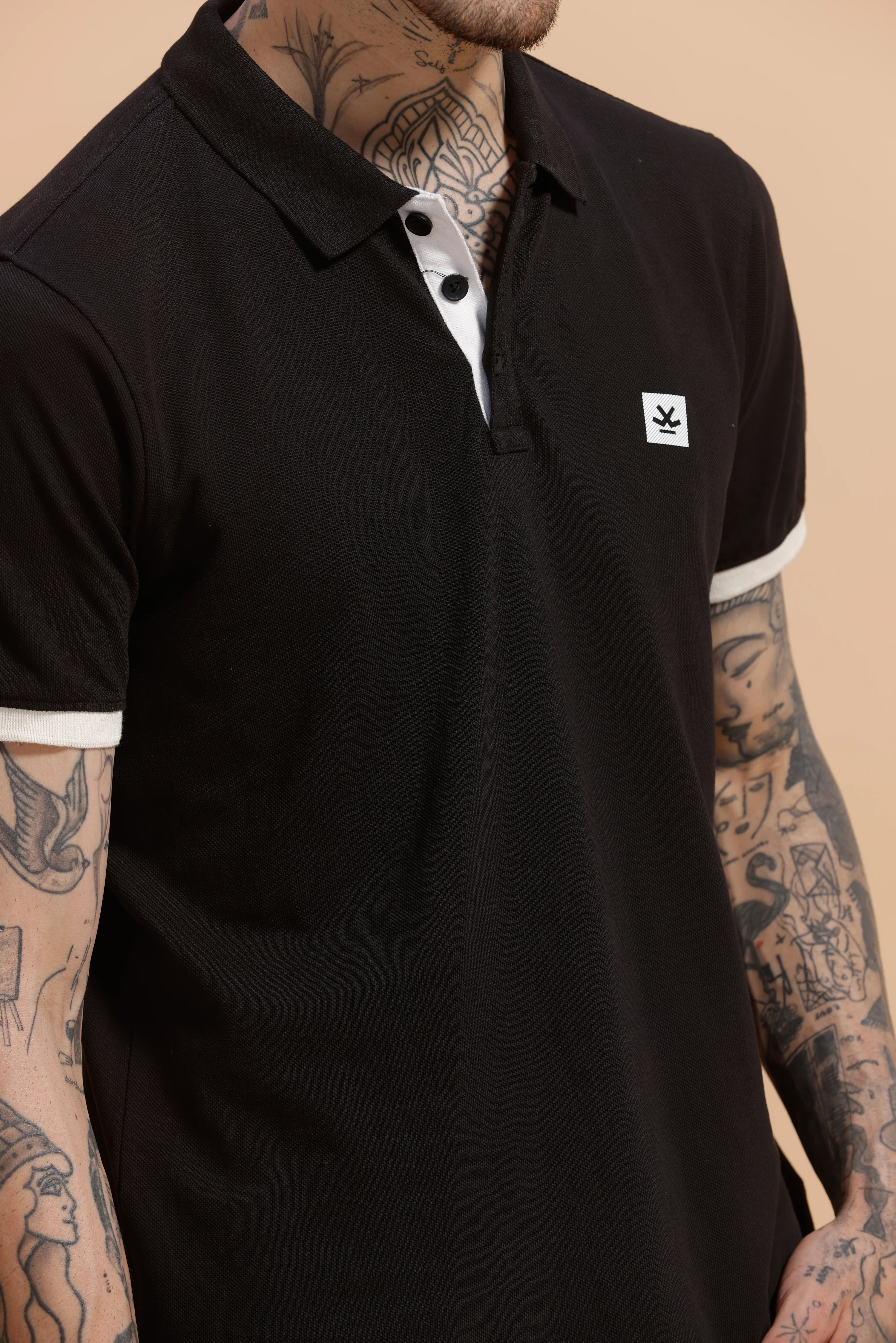 Contrast Rib Pique Polo T-Shirt | Black - Image 5