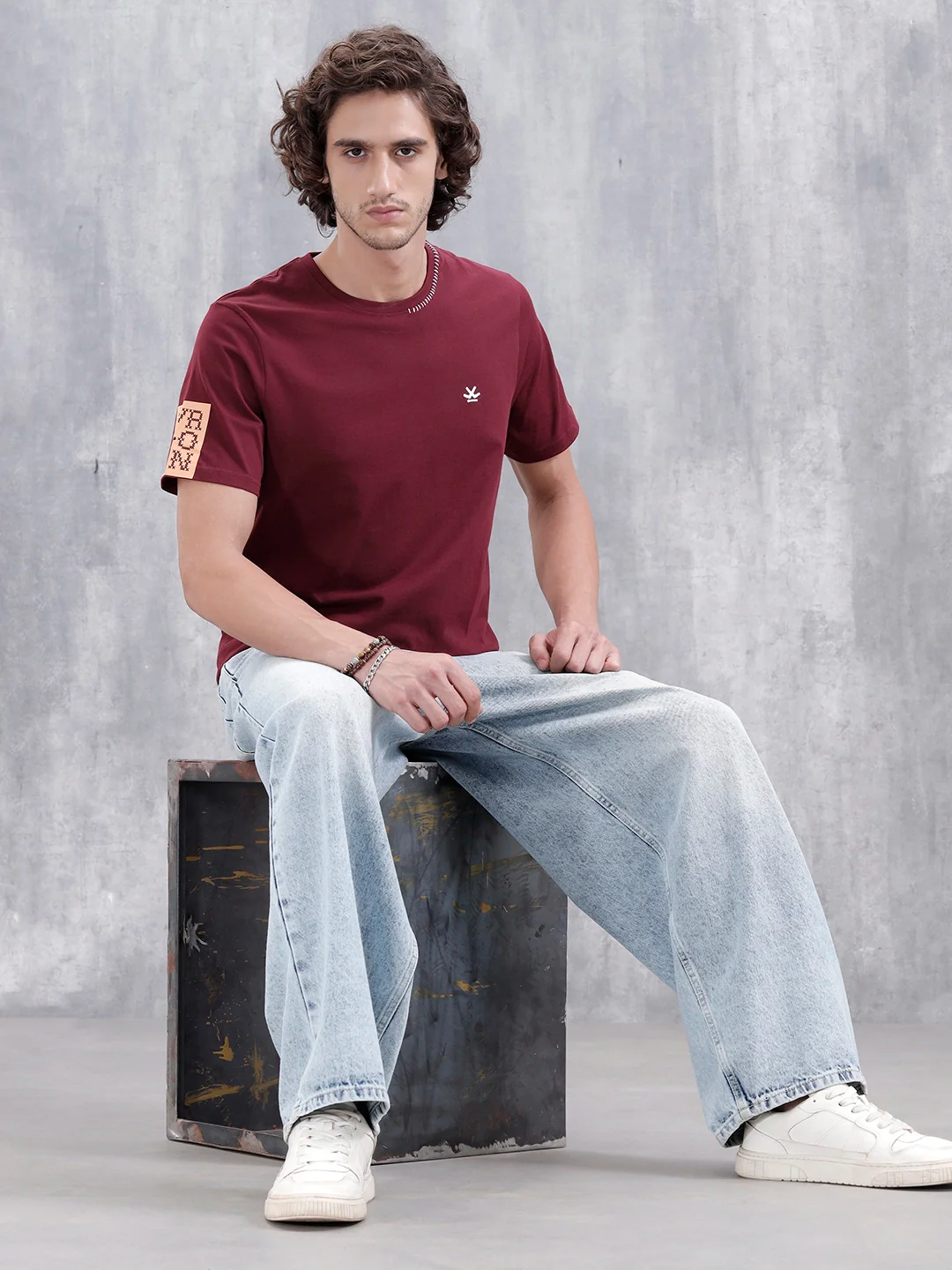 Contrast Stitch Slim Fit Cotton T-Shirt | Maroon - Image 2