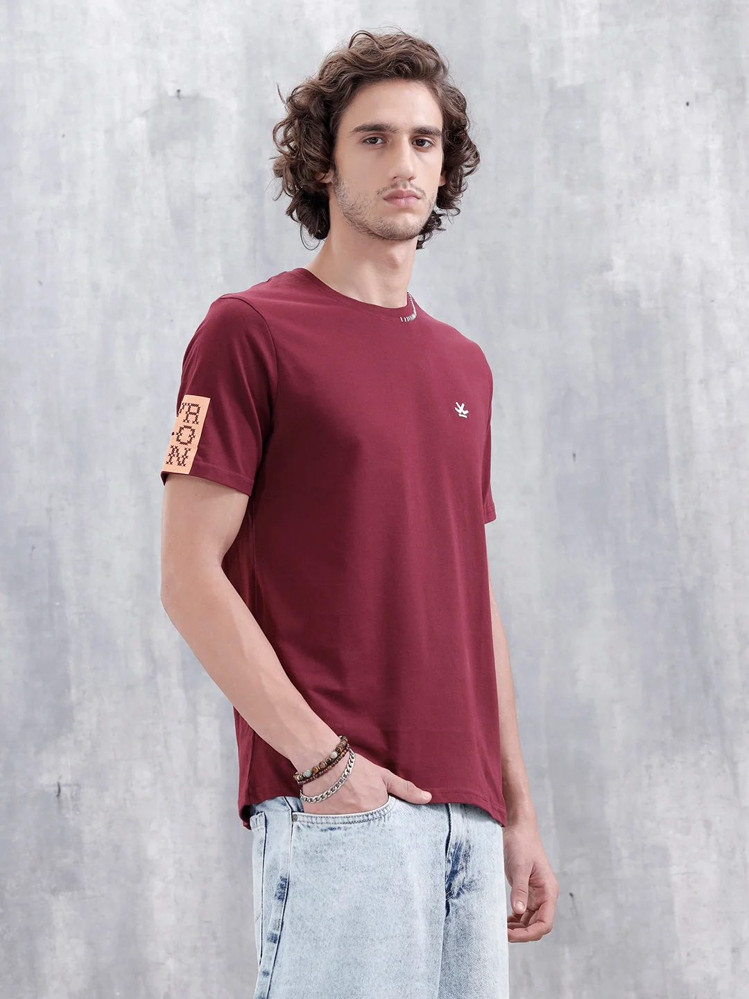 Contrast Stitch Slim Fit Cotton T-Shirt | Maroon - Image 4