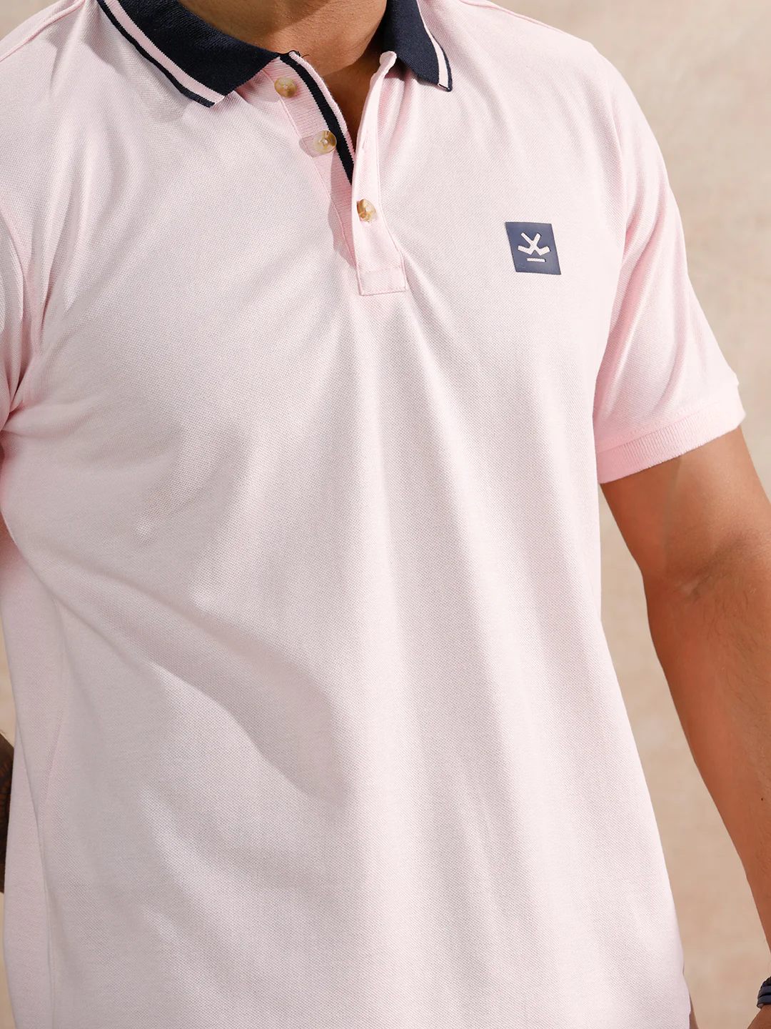 Contrast Striped Collar Polo T-Shirt | Light Pink - Image 5