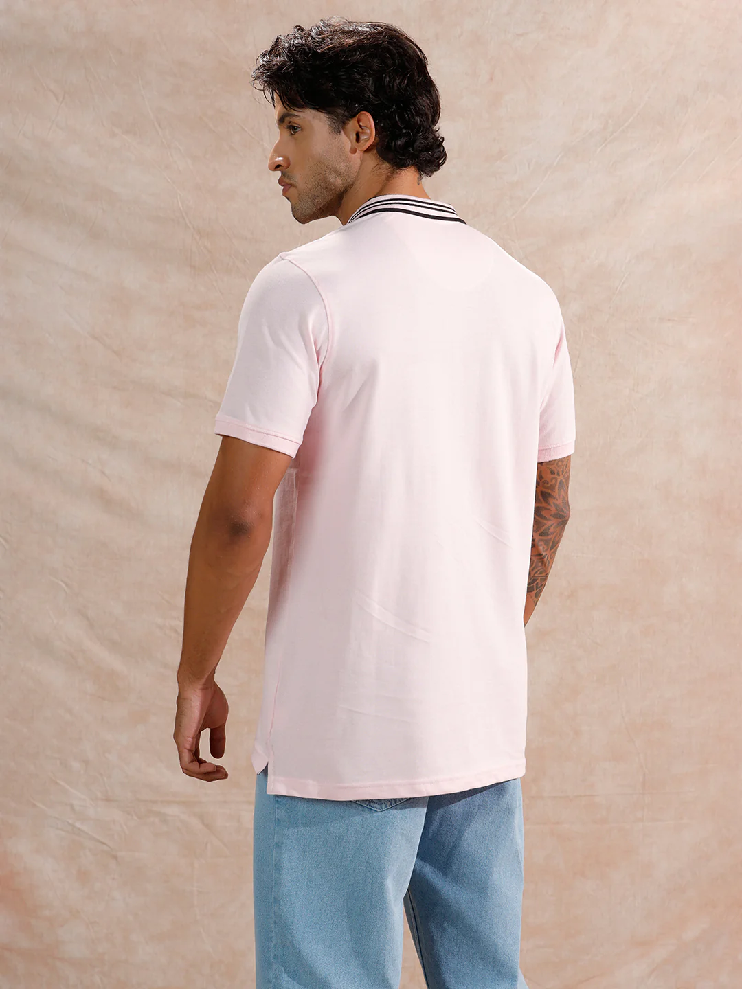 Contrast Striped Collar Polo T-Shirt | Light Pink - Image 3