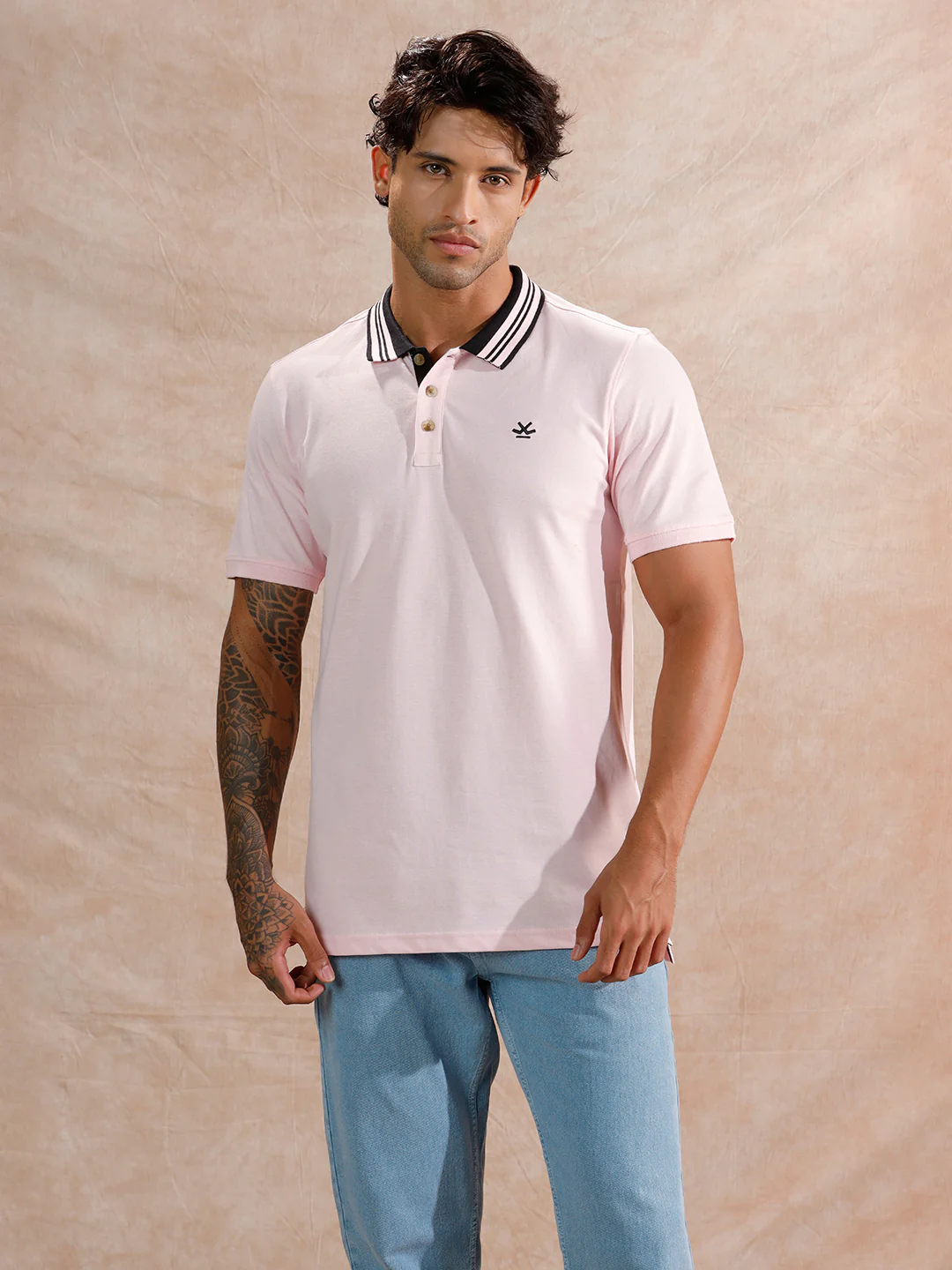 Contrast Striped Collar Polo T-Shirt | Light Pink - Image 4