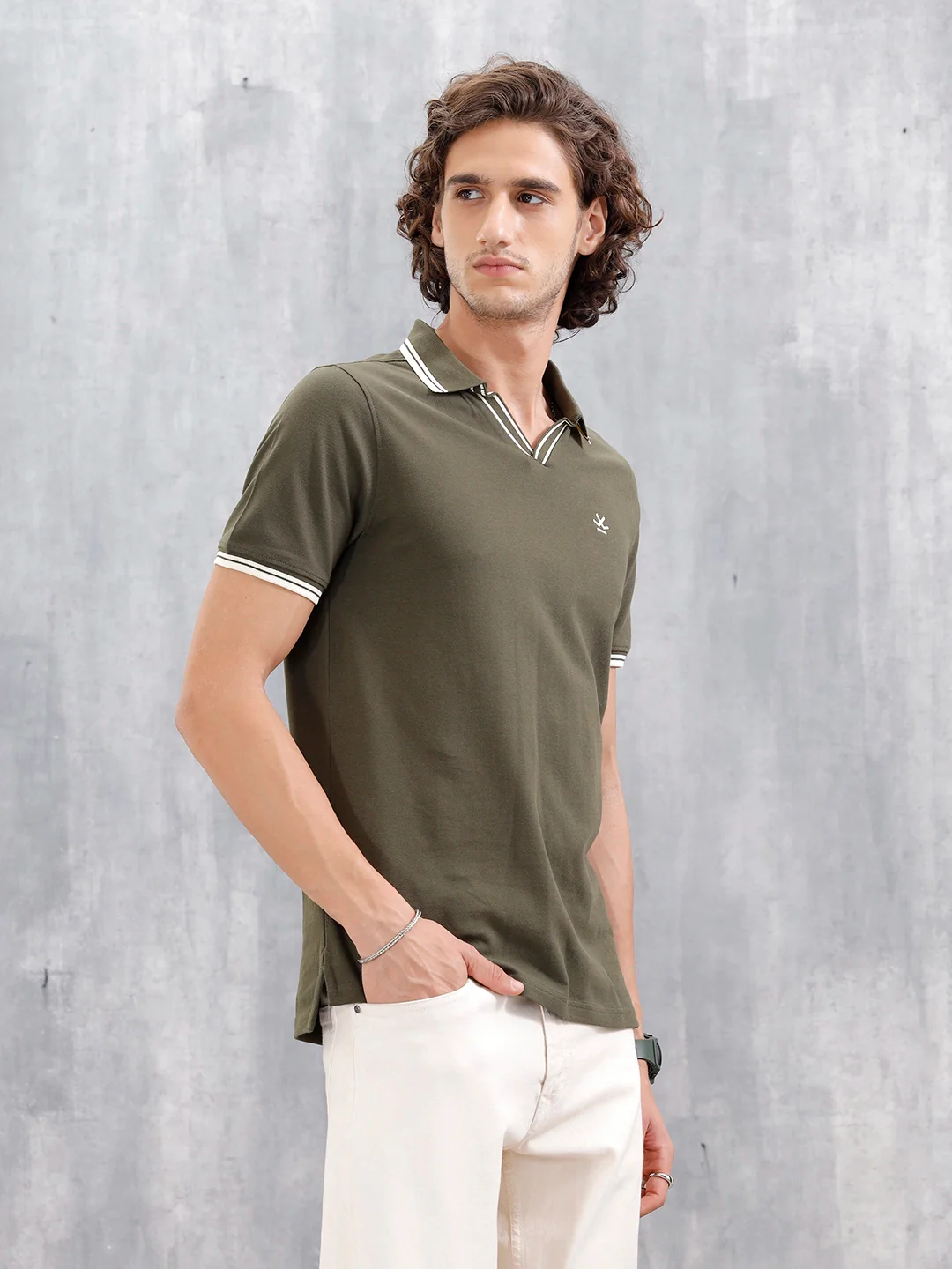 Contrast Tipped Johnny Collar Slim Fit Polo | Olive - Image 4