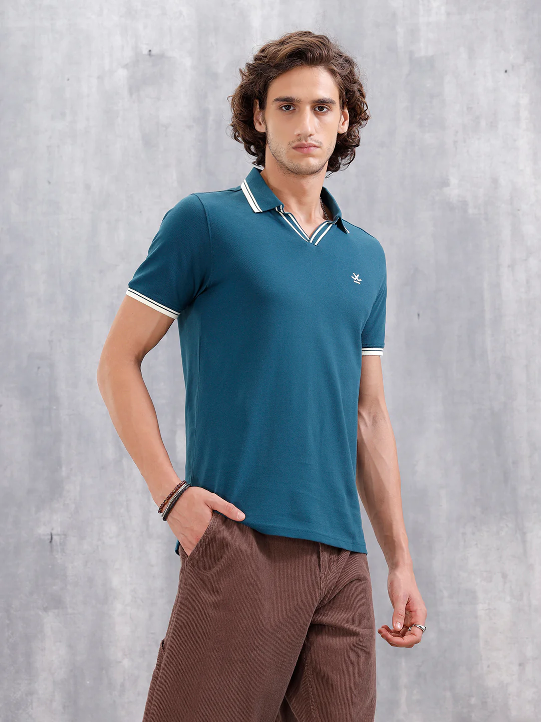 Contrast Tipped Johnny Collar Slim Fit Polo | Teal - Image 4