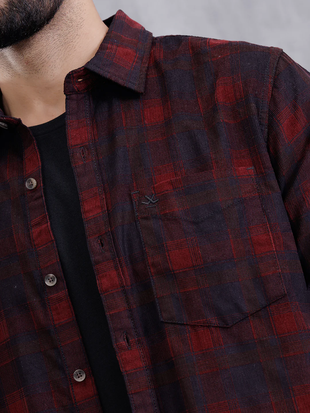 Corduroy Check Printed Shirt In Slim Fit | Maroon - Image 4