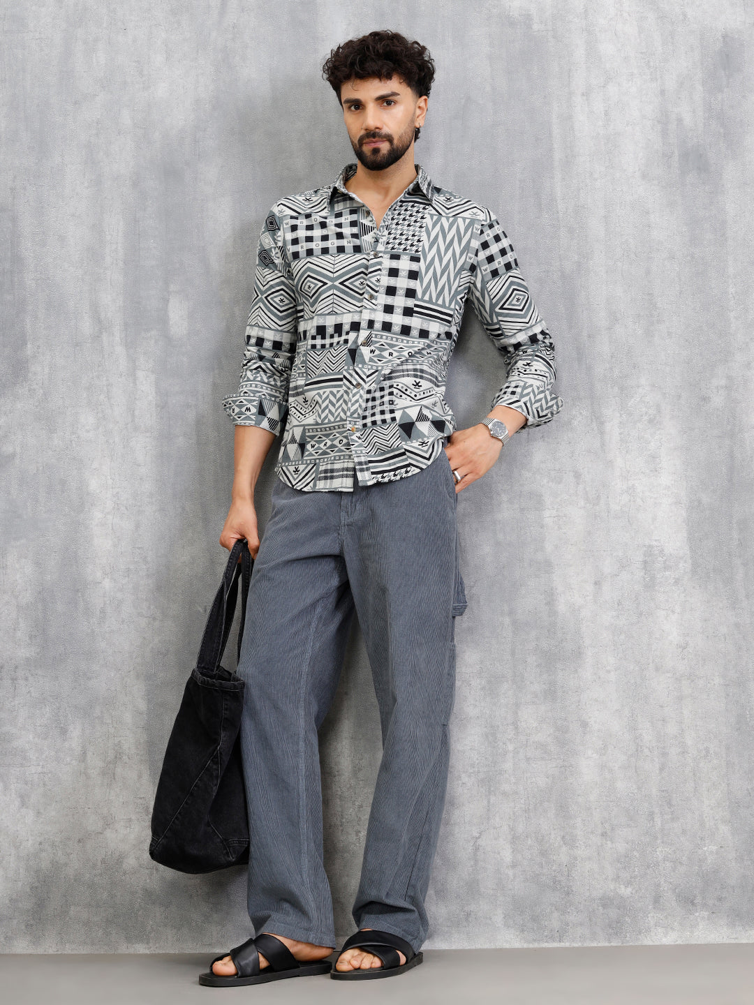 Corduroy Geometric Print Shirt In Slim Fit | Grey - Image 2